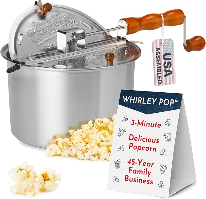 Original Whirley Pop Popcorn Maker - Wabash Valley Farms Gourmet Popcorn Popper, Aluminum Pot With Nylon Gears, 3-Minute Stove Top Popper, Home Movie Night (Silver)