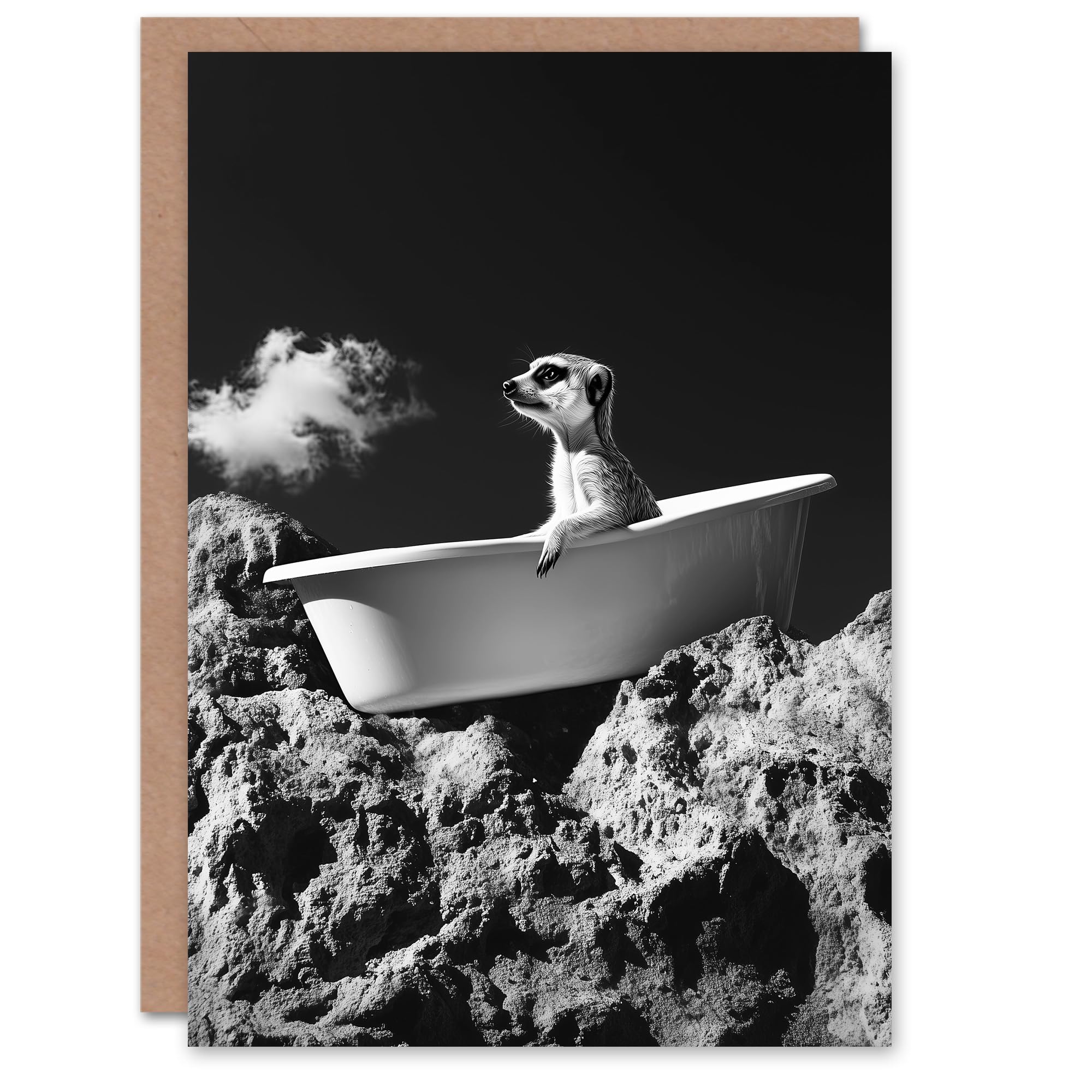 Meerkat in Bathtub on a Rock Black White Surreal Birthday Greeting Card