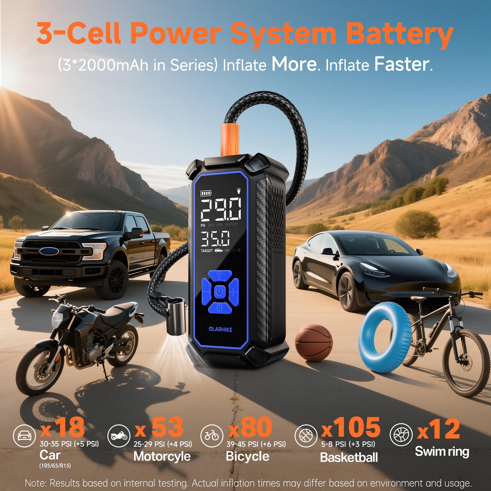 OlarHike Cordless Tire Inflator Portable Air Compressor, Dual Power - 5400 mAh & 12V DC, Air Pump for Car Tires, Bike, Motorcycle, Bicycle, Electric Pump with LED Light & Digital Pressure Gauge view 4