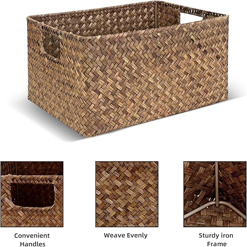Miniatura 3 de Cestas grandes de almacenamiento de pastos marinos para organizar, cestas rectangulares de mimbre con asas incorporadas, cestas de almacenamiento