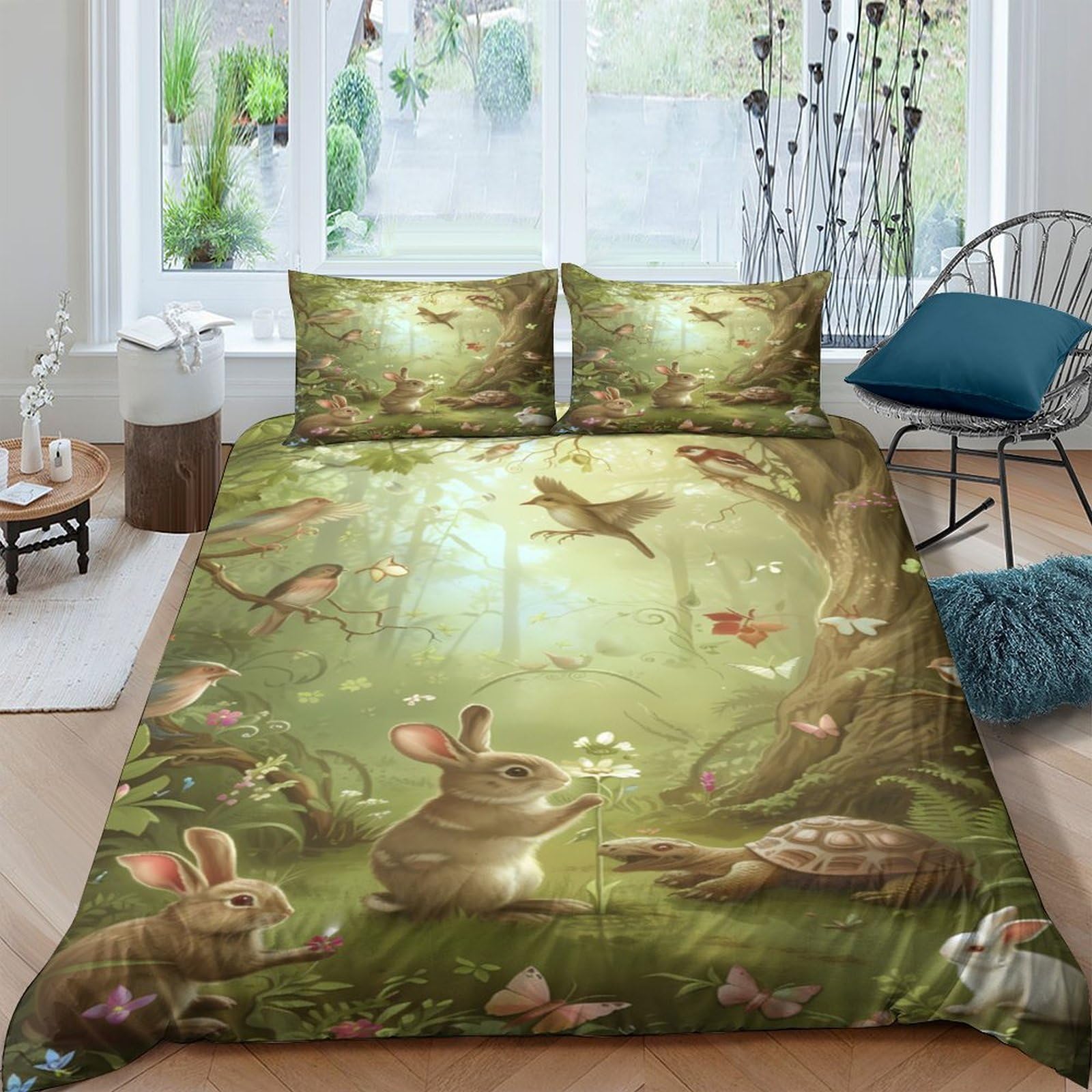 Ctjqhvkz Style-10 3D Printed Forest Rabbit Fitted Sheet Microfiber Soft Green Woodland Mattress Cover For Bedroom Dorm Decorative Bed Protection Single（135X200cm）