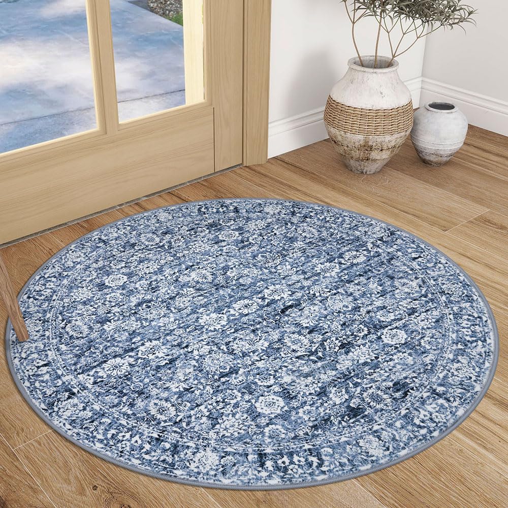 SIILOOM 3' Round Rug Washable Rug for Entryway Soft Non-Slip Blue Area Rugs Distressed Floral Low-Pile Carpet, Neutral Vintage Circle Rugs for Living