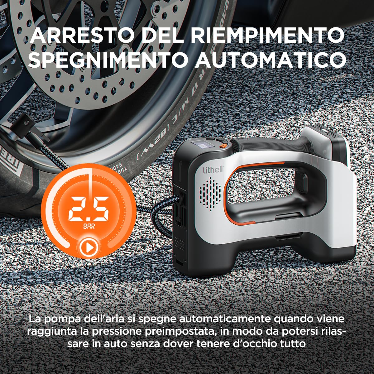 Litheli, pompa ad aria elettrica, 20 V, 10000 mAh, misuratore di pressione digitale a batteria, 160 PSI, pompa portatile per auto, bici e palle sportive