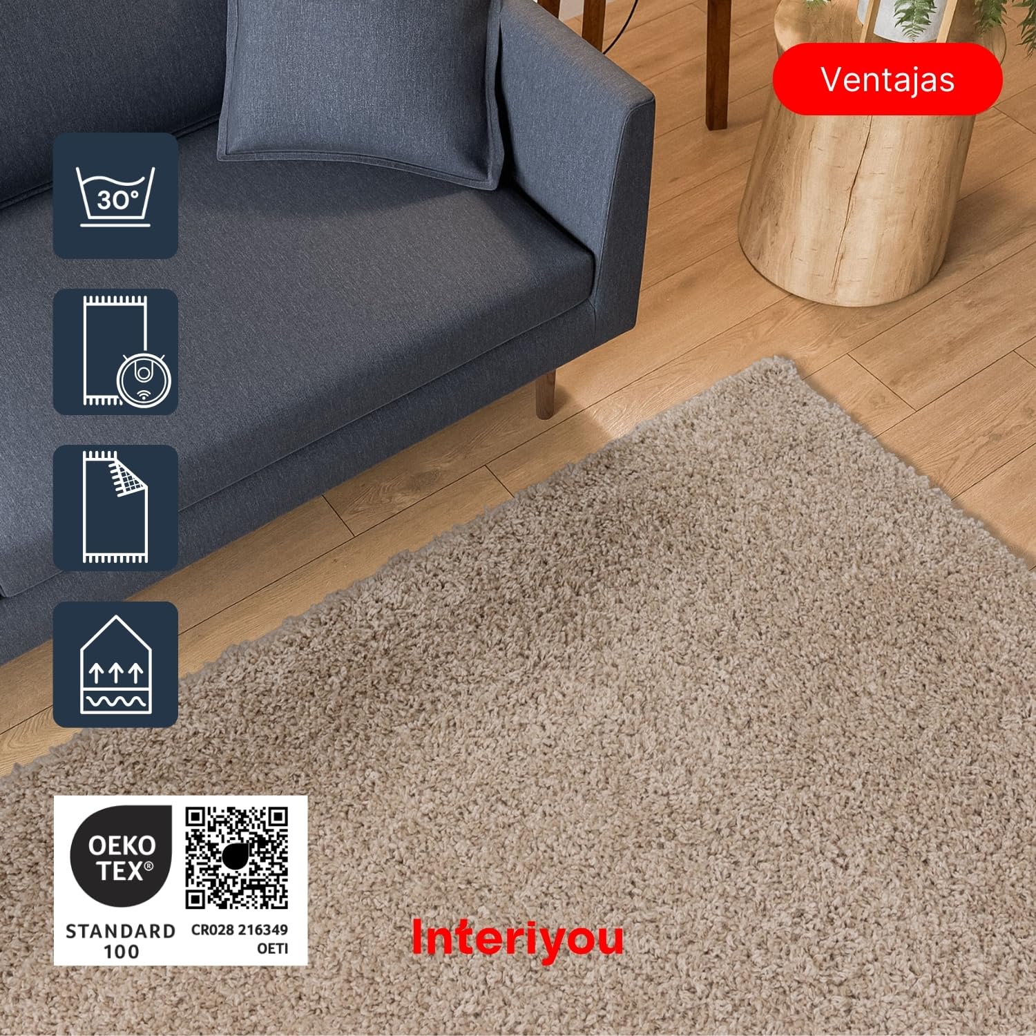 Interiyou Alfombra Pelo Largo Sofia - 60x120 cm Beige - Esponjosa y Lisa - Lavable y Antideslizante - Textura Larga Suave