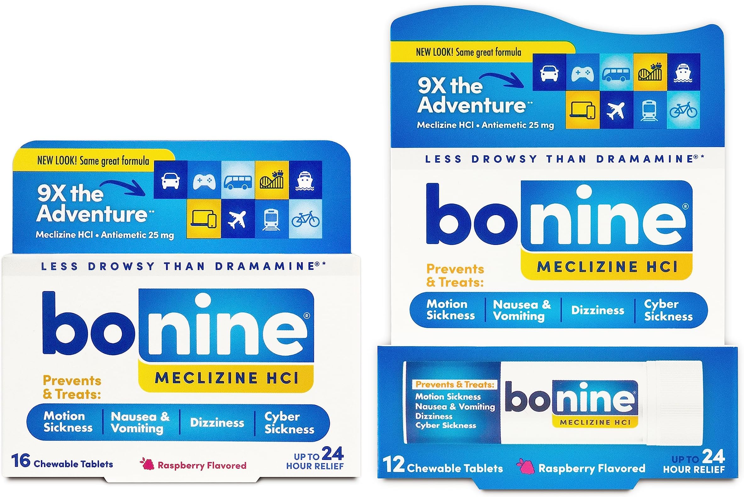 Bonine Motion Sickness Relief Chewable Tablets, Raspberry 16 + 12 ct, 2 Piece Assortment