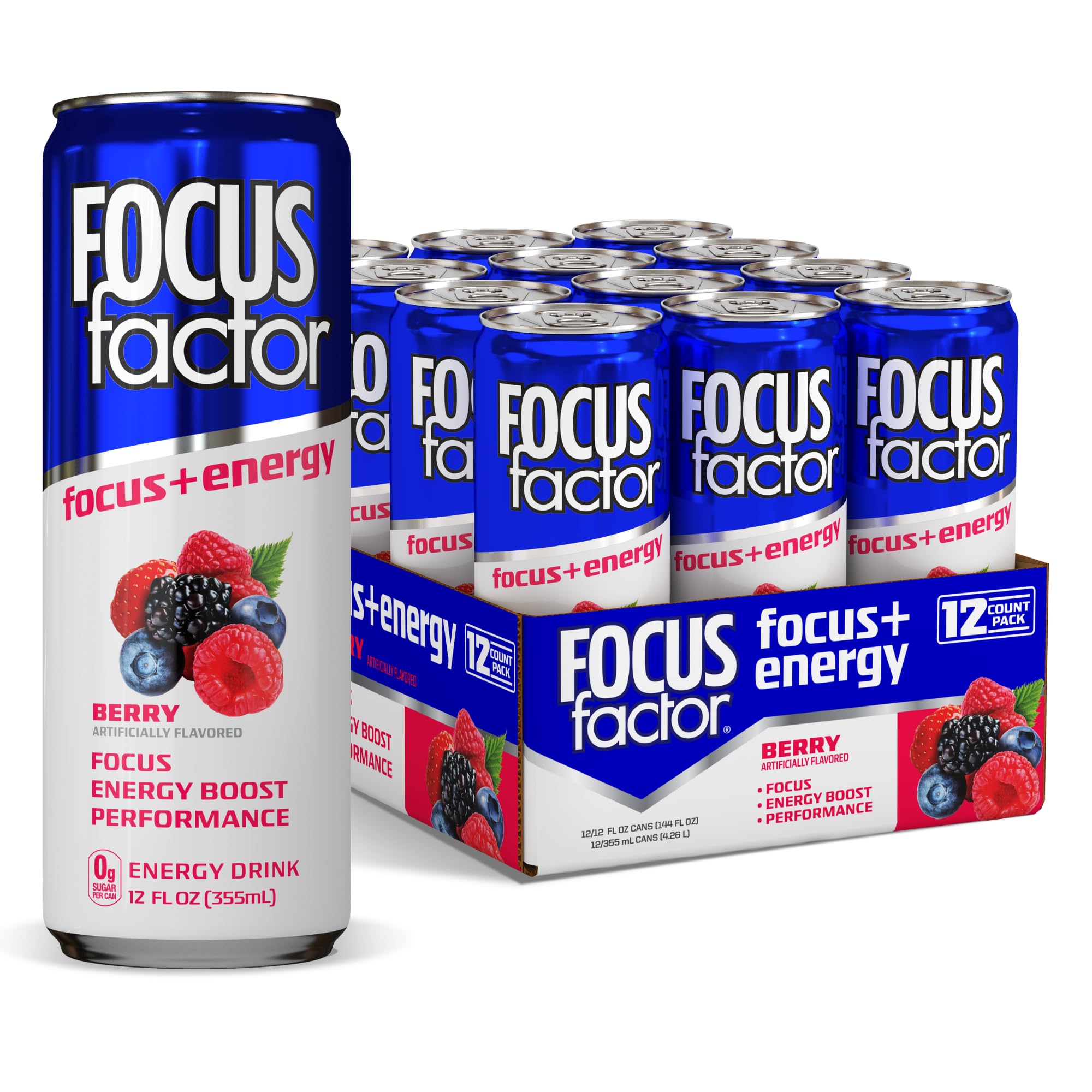 - Focus Factor Energy Drink - 12 x 355ml Cans (Berry Flavour) - with Focus + Energy - Lightly Carbonated, Sugar Free, Low Calorie with Vitamin B6 & Vitamin B12