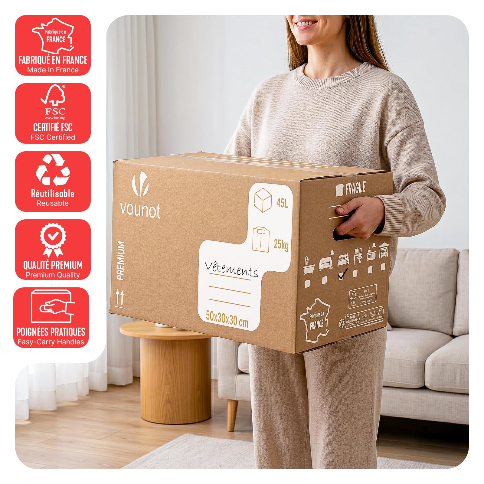 VOUNOT® Lot de 20 Cartons de Déménagement 50 x 30 x 30 cm Fabriqué en France Cartons de Rangement Renforcés 25 kg Poignées Renforcées Réutilisables 45L pour Stockage Livres Vêtements Transport