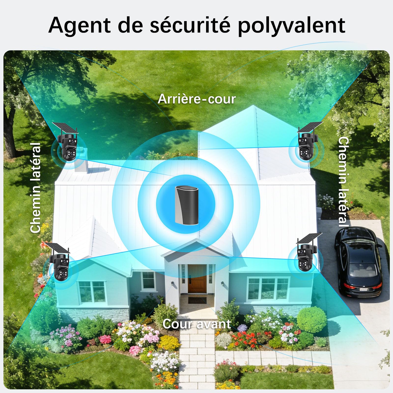 4K Camera Surveillance WiFi Exterieure sans Fil,4 Cam-Kit avec Home Station/Camera Solaire/Double Objectif,360° PTZ Sécurité à Domicile,Vision Vocturne,Alarme,Audio Bidirectionnel,Suivi Automatique