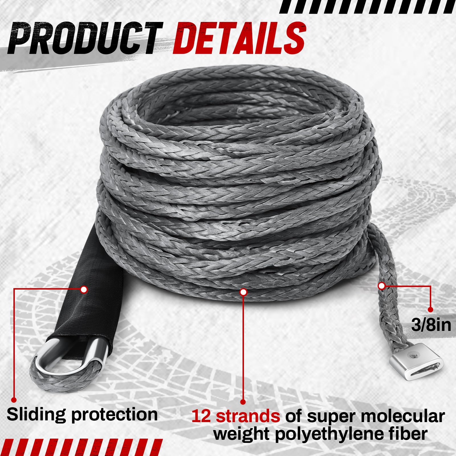 Extensión de cuerda sintética de cabrestante de 3/8 x 50 pies 26, 500 libras, extensión de línea de cable sintético gris con funda protectora para vehículos todoterreno, ATV, UTV, camión, etc