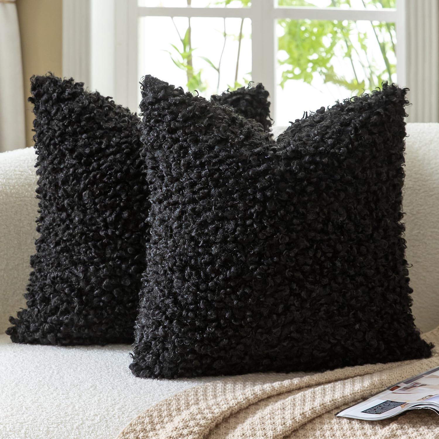 Mandioo Set of 2 Black Faux Fur Cushion Covers 45x45 cm 18x18 inch Boucle Decorative Sherpa Throw Pillow Covers Thick Fuzzy Fleece Pillowcases for Sofa Couch Bed Living Room — image 1