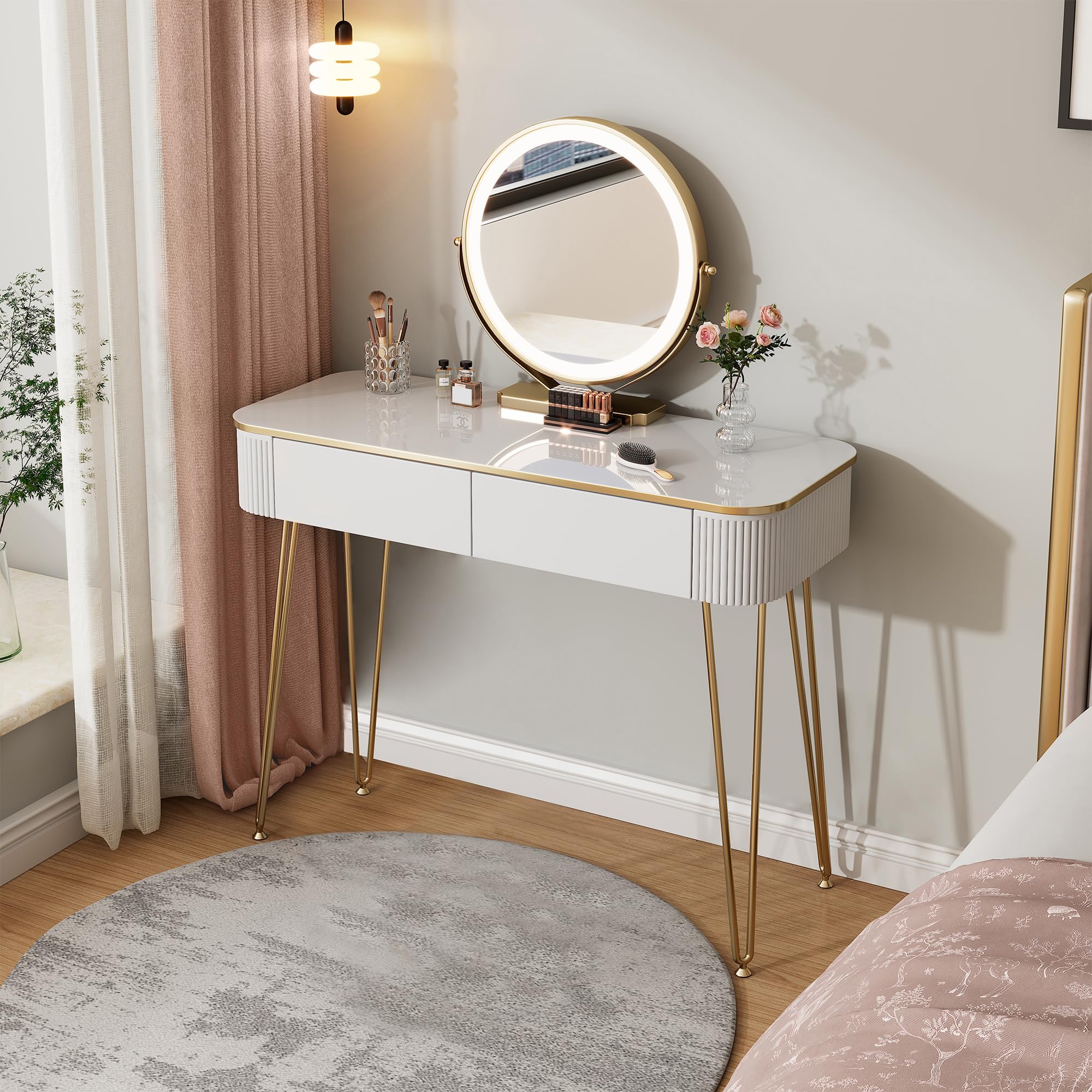 Amazon.com: KDCAS Small Vanity Desk with Mirror and Lights, 39" White and  Gold Makeup Vanity Table with 2 Drawers, Modern Dressing Table for Women,  Bedroom and Small Spaces : Home & Kitchen