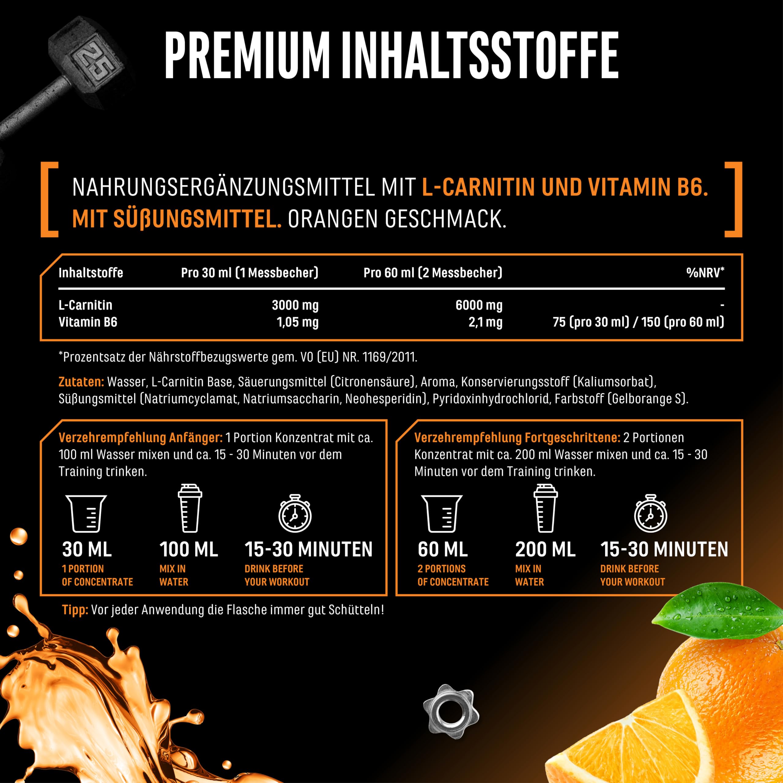 l carnitin flüssig L-Carnitine 6000 Liquid - 1000 ml - Extra hochdosiert mit 6000 mg reinem L- Carnitin pro Tagesportion - Amino Workout Drink - Leckerer Geschmack  (Orange Power)