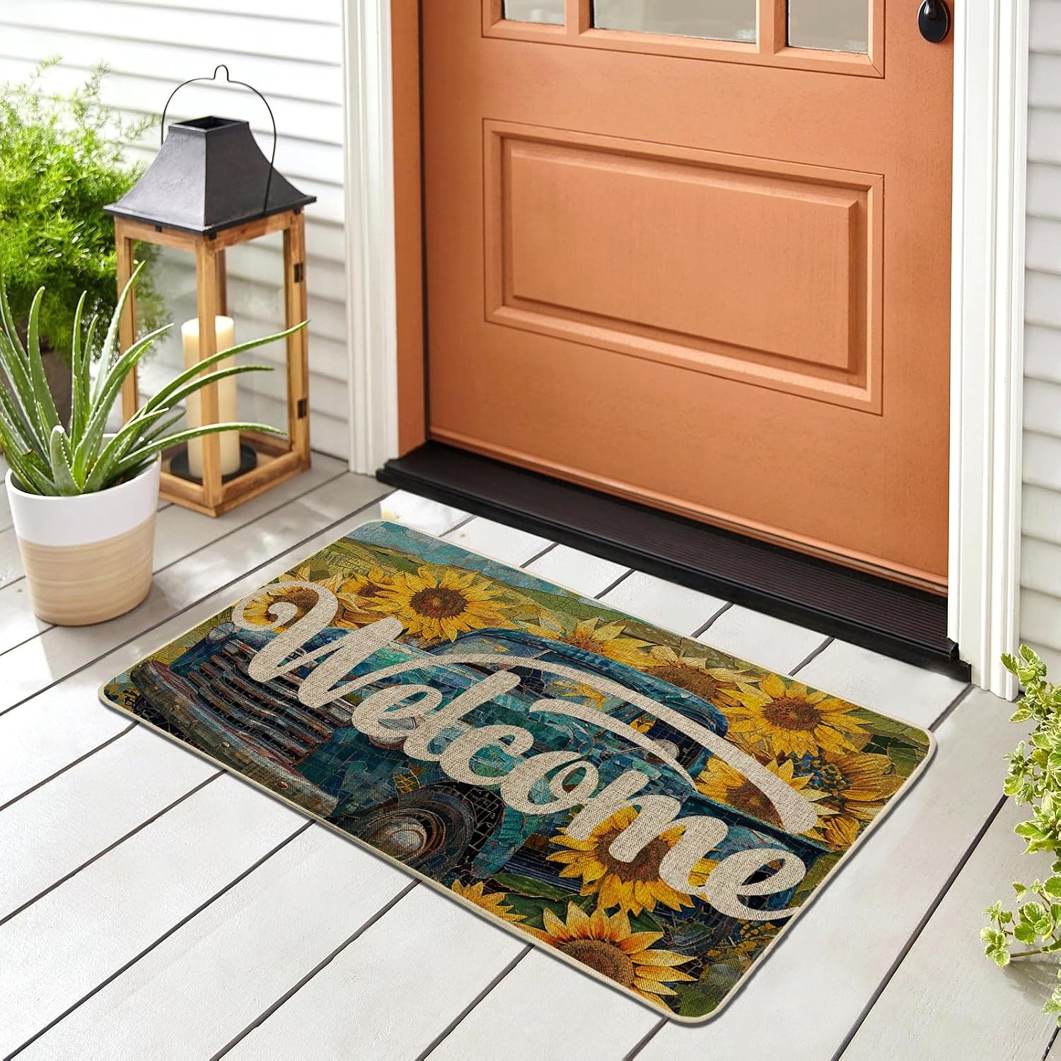 Vintage Truck Door Mat Abstract Sunflower Spring Farmhouse Natural Country Style Blue Linen Rubber Inside Decorations Patio Flooring Dirt Trapping entryway Home Camping Pool Welcome mat 17x29 Inch