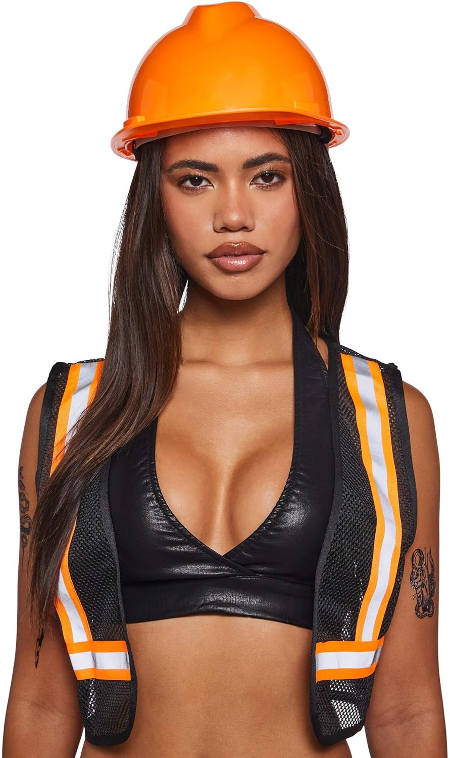 Dolls Kill Construction Worker Costume by Trickz N’ Treatz – Faux Leather Crop Top with Safety Vest, Tool Belt & Hard Hat