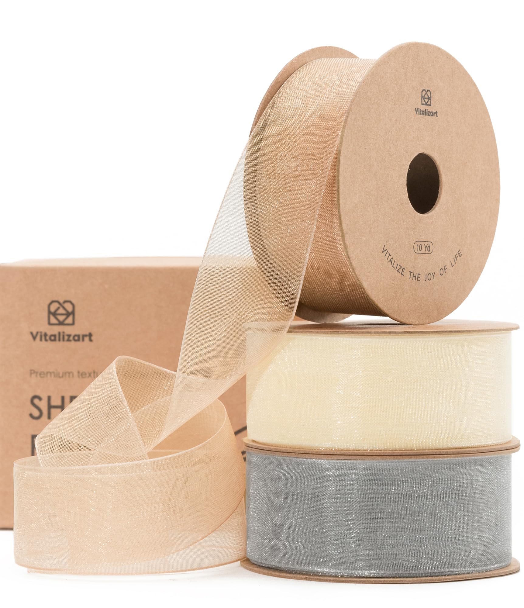 Vitalizart Nude & Cream & Silver Grey Organza Ribbon 1'' x 30YD (3 Rolls*10YD)