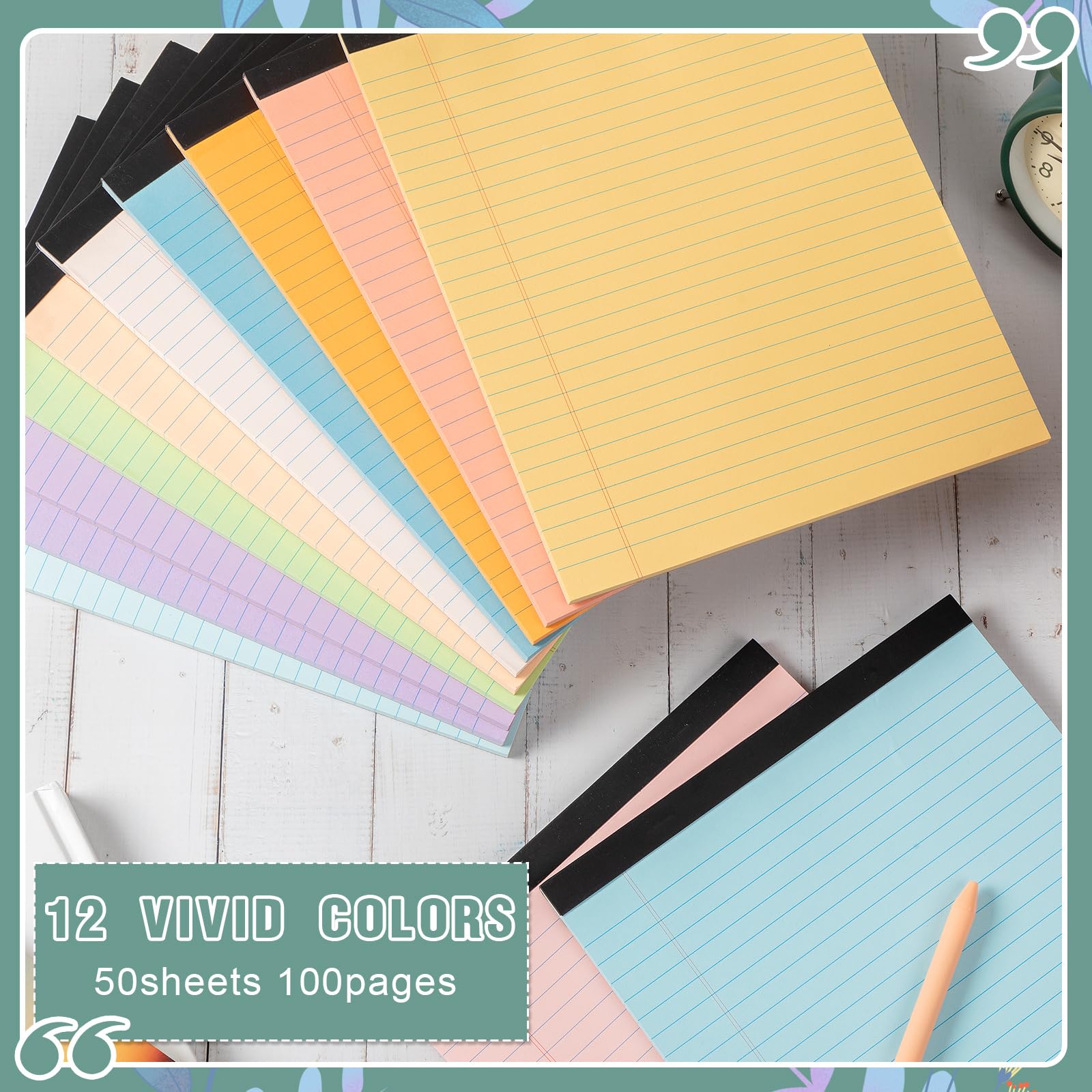 Lincia 12 blocchi per appunti colorati legali, 21 x 28 cm di larghezza, a righe, 50 fogli per blocco note, blocco micro perforato, per scuola, università, ufficio, affari