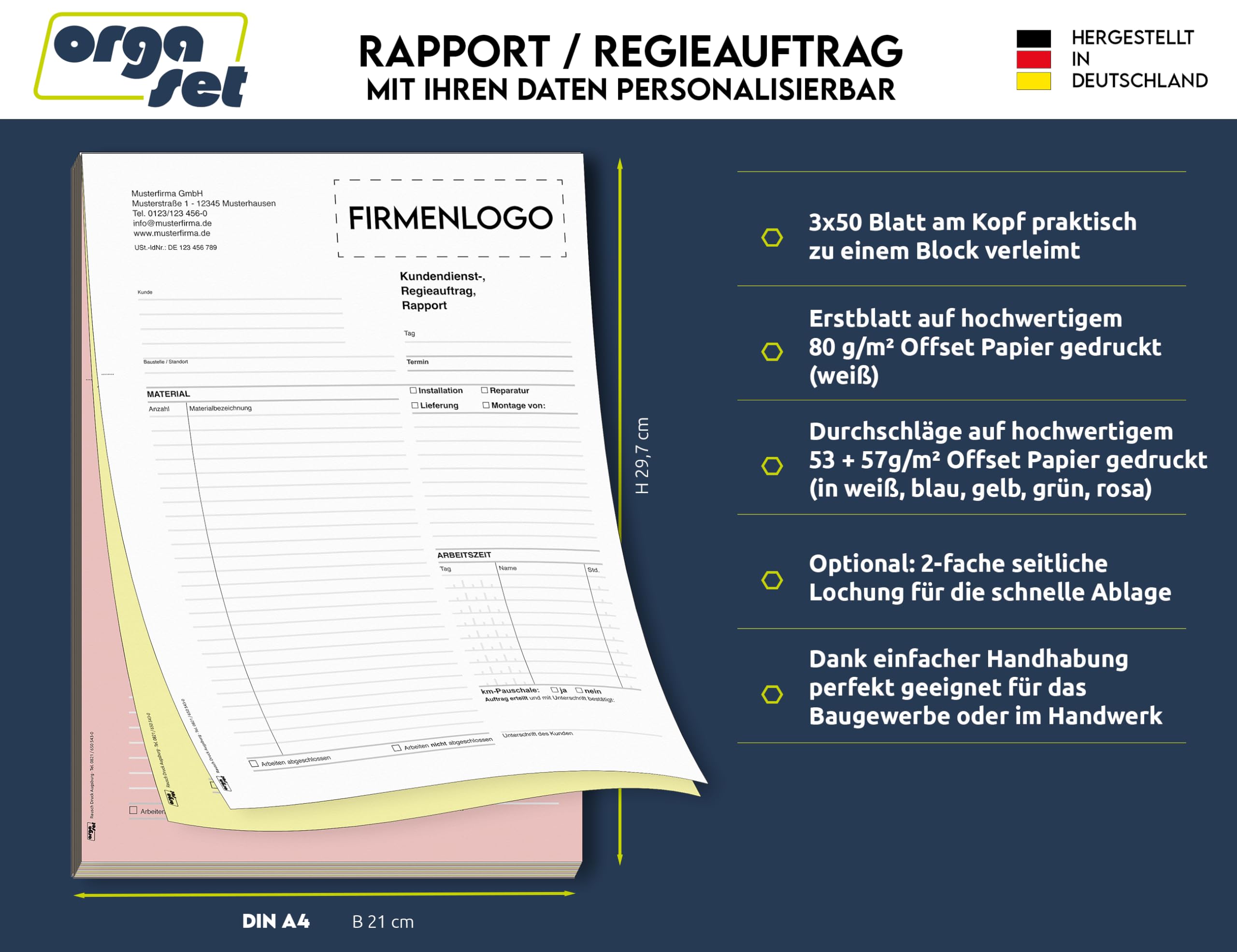 Regiebericht/Rapport | personalisierbar mit Logo und Anschrift | DIN A4 | 2-fach oder 3-fach selbstdurchschreibend | 5x Durchschreibeblock mit je 50 Sätzen