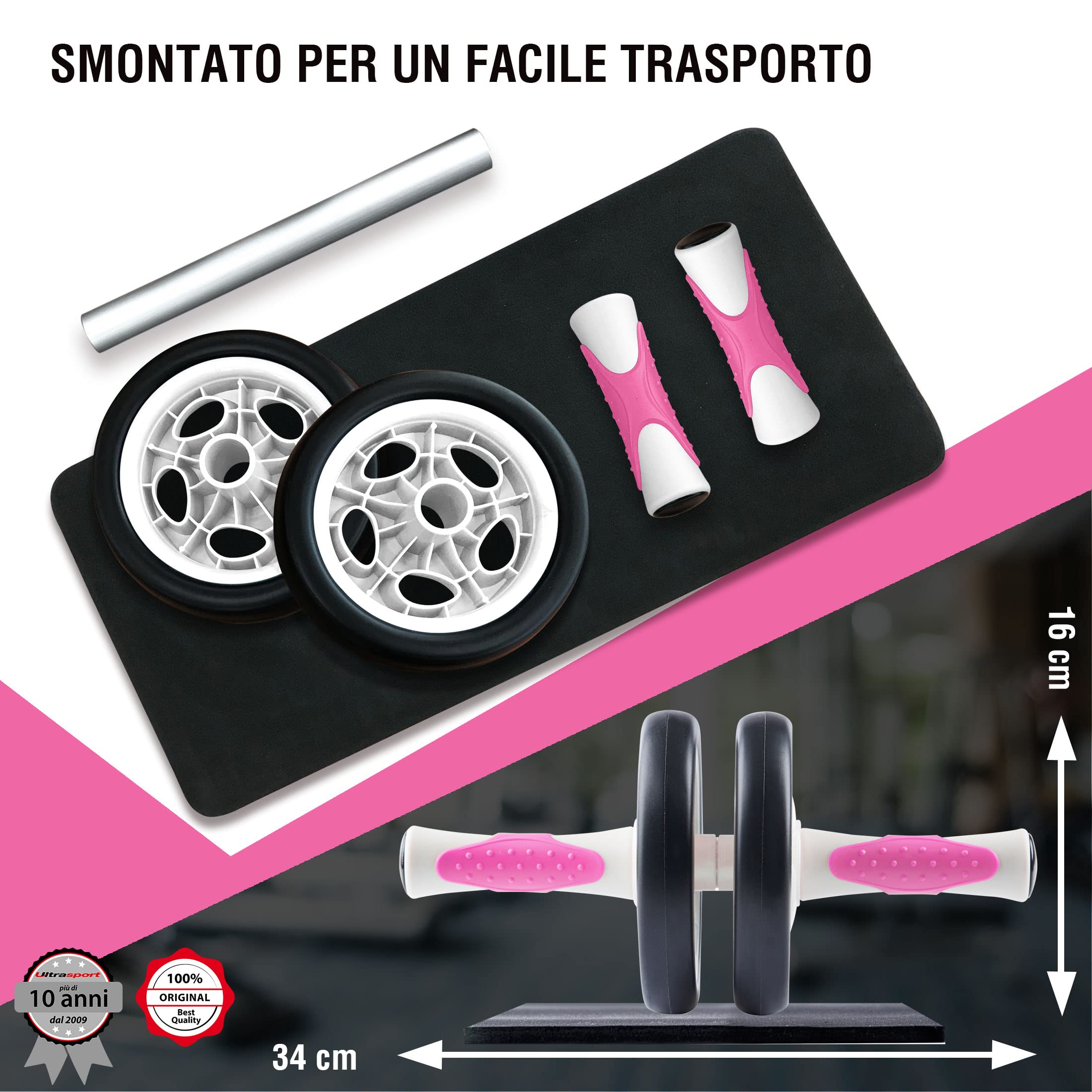 Ultrasport Addominale Allenatore AB roller, incl. tappetino ginocchia, allenamento per uomini e donne Rullo per muscoli addominale con multifunzione, anche per anziani, trainer pieghevole salvaspazio