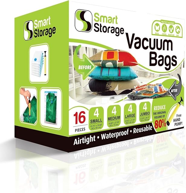 Smart Vacuum Storage Bags, 16 Pack Storage | Space Saver Bags for Clothes, Pillows & Bedding, Travel Luggage | Vacuum Seal Storage Bags