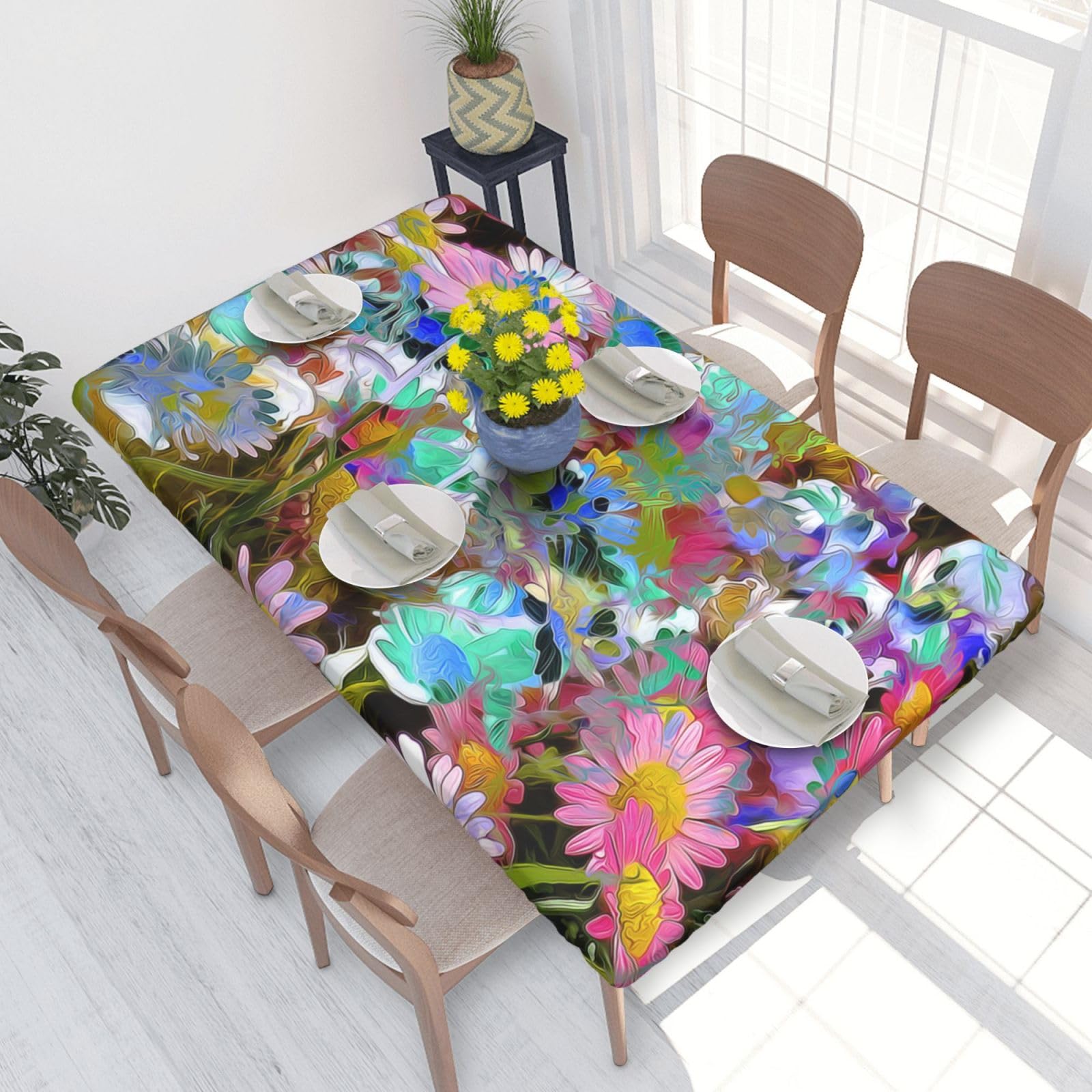 AUGUSTRUSH 4ft Elastic Edged Table Cover Colored Flower Fitted Tablecloth For Rectangle Table, Waterproof Wipeable Table Cloth For Indoor Outdoor Dinning Room Parties And Picnics 122x76 Cm