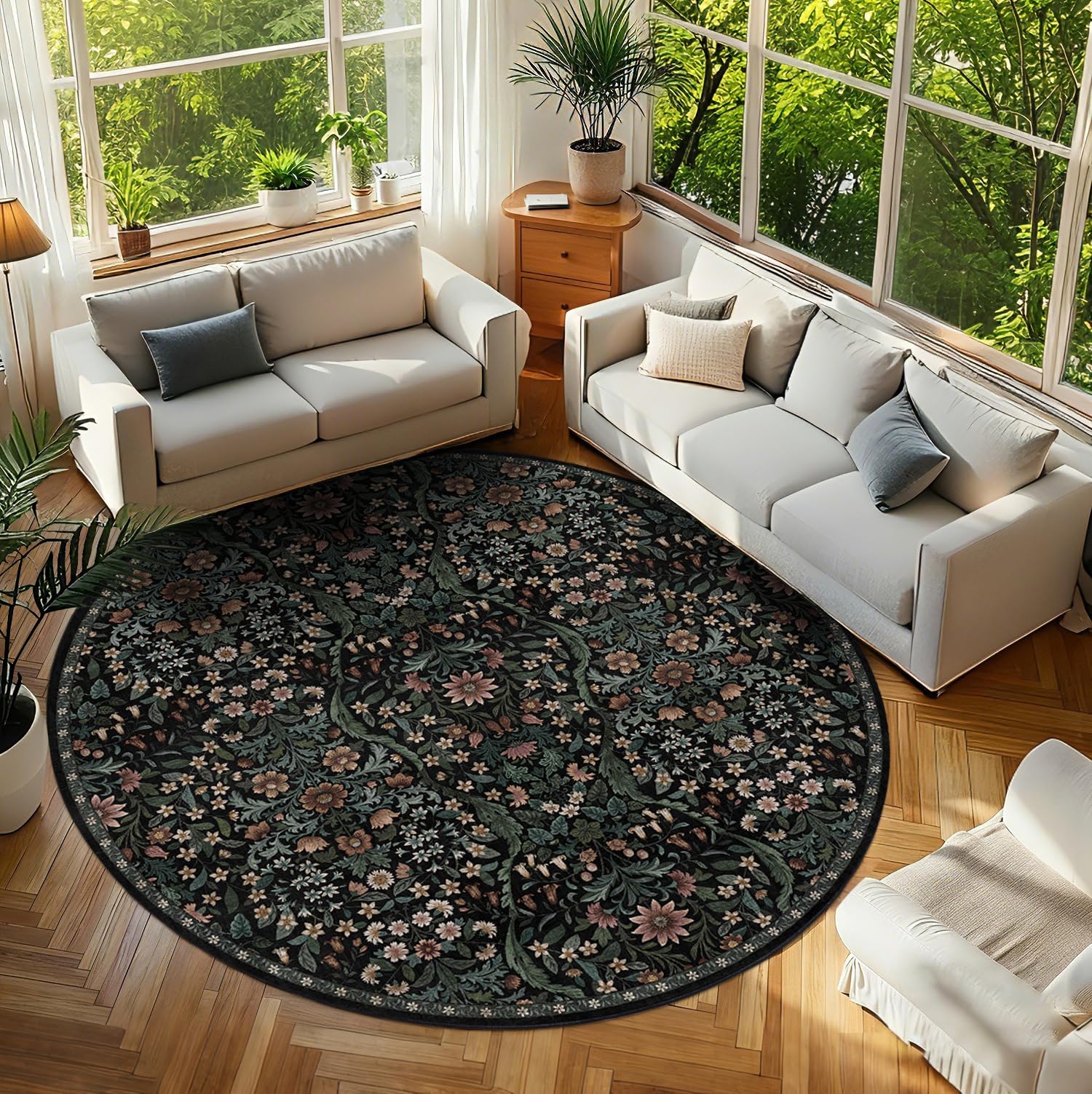 Round Rug 8ft Floral Circle Rug Black Botanical Indoor Area Rugs