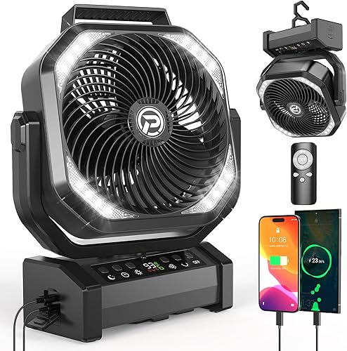 Ventilador de camping con linterna LED, ventilador de batería recargable de 20000 mAh, máximo 112 horas de funcionamiento, 8 velocidades, pantalla
