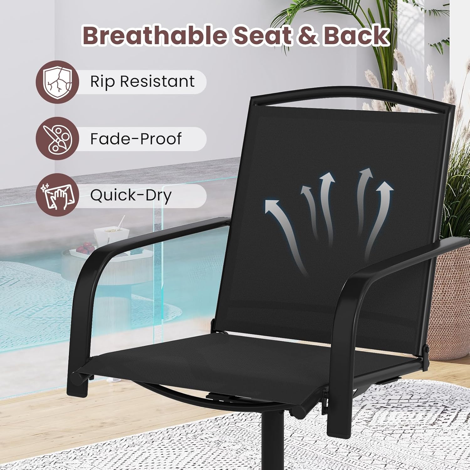 Tangkula Outdoor Swivel Chairs Set of 2, Patio Rocker Chairs with High Back, Armrests, Breathable Seat, Metal Frame, Heavy-Duty Dining Chair for Garden, Backyard, Poolside, Bistro (1, Black)