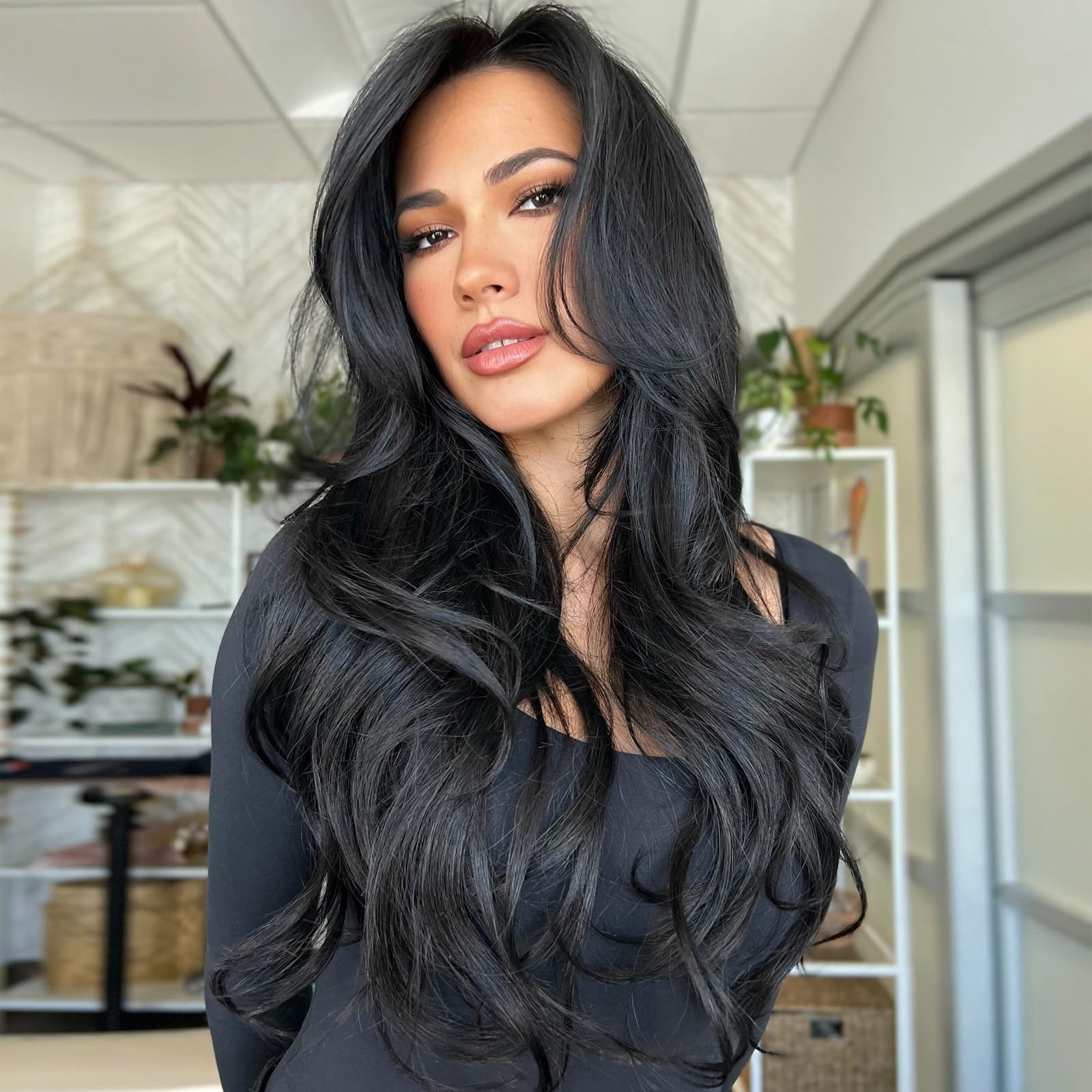 XIXIBI Black Wavy Wigs for Women, Long Black Layered Synthetic Wavy Wigs Realistic Natural Looking Heat Resistant Fiber Hair 26 Inch for Daily Party