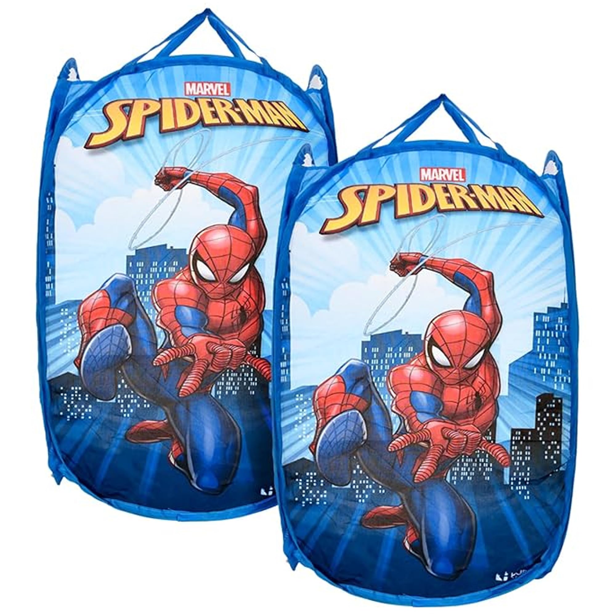 Kuber Industries Mesh Laundry Basket | Marvel Spiderman | 30 Ltr-Foldable Toy Storage Basket | Nylon Waste Clothes Laundry with Handle | Sky Blue