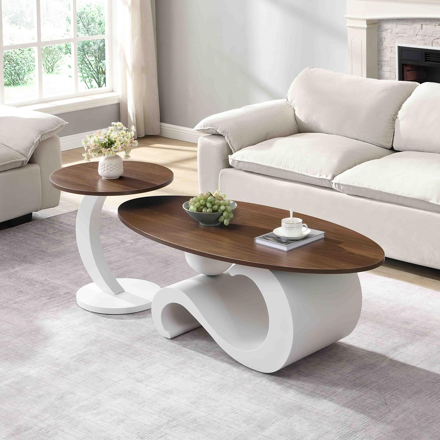 Modern Nesting Coffee Table Set of 2, 47.24" Oval Coffee Table and 19.7" Small Round End Table, 2 Piece Living Room Table Set with Brown Wood Top & White Metal Legs for Living Room Apartment