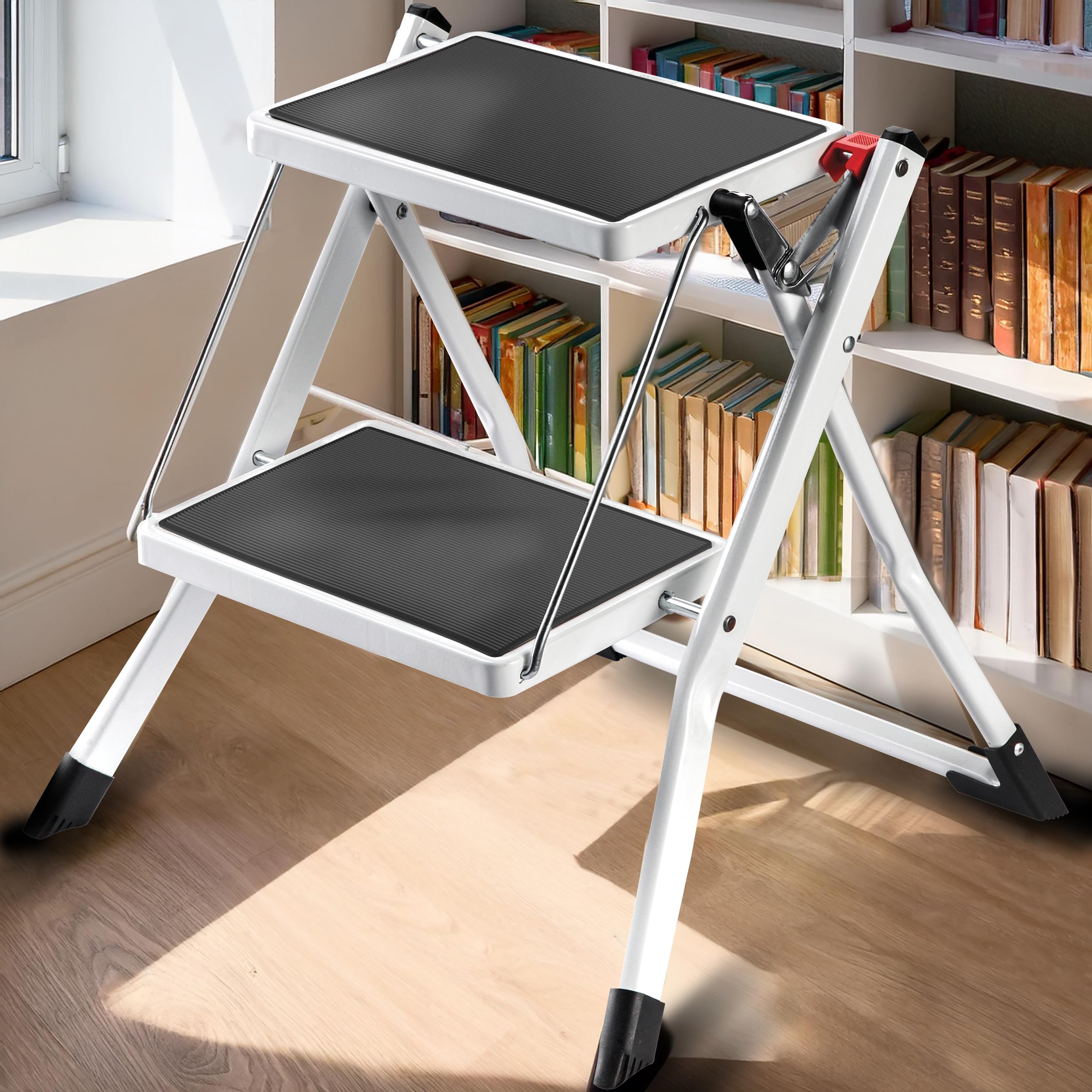 MSV - Marchepied Pliant 2 Marches en Acier - Charge 150 kg - Norme GS Sécurité - Antidérapant et Compact - Idéal Maison, Cuisine, Bureau et Bricolage - Blanc