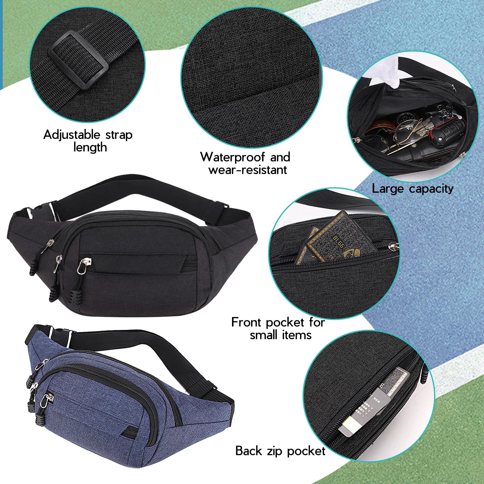 Scettar 2 Pack Bum Bag Bumbag for Men Women Fashion Waist Bag Travel Fanny Waterproof 4 Zip Pockets Fanny Pack for Women Men Sports Travel Cycling - Image 3