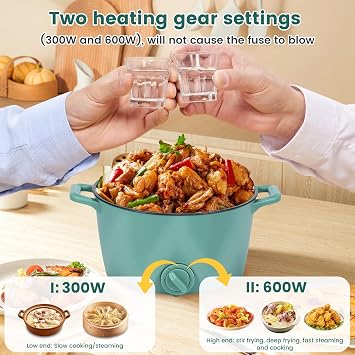 Electric Hot Pot with Stainless Steel Steamer, 2L Portable Non-Stick Mini Multifunctional Cooker, 2 Gear Rapid Noodles Cooker, Travel Electric Skillet for Stir Fry Raman Soup Noodles Steak(green)