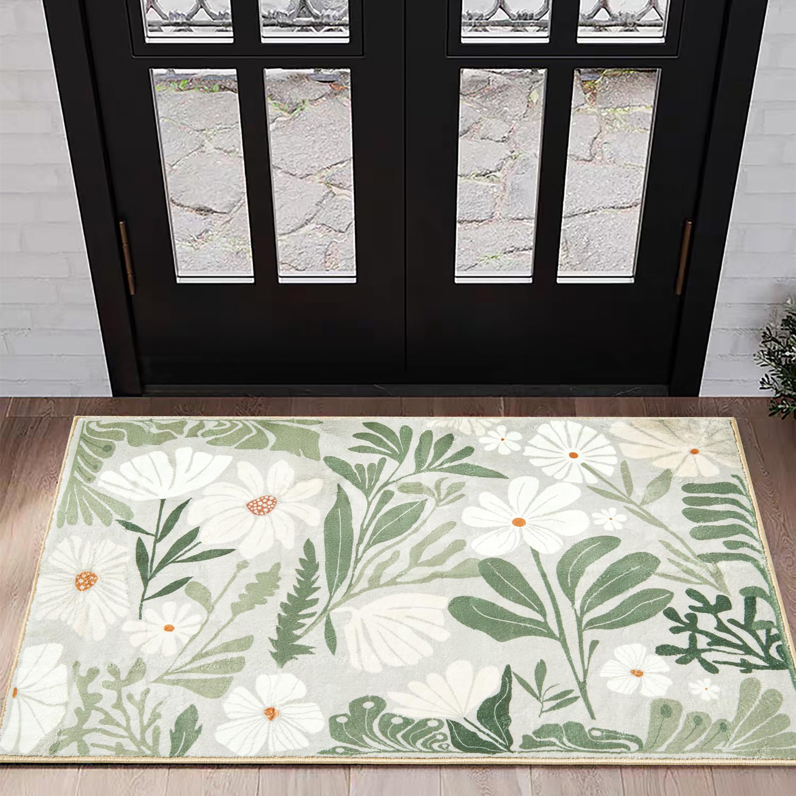 RoomTalks Sage Green Floral 2x3 Small Area Rugs for Bathroom Kitchen Indoor Soft Aesthetic Entryway Rugs Washable, Funky Groovy Botanical Plants Cute