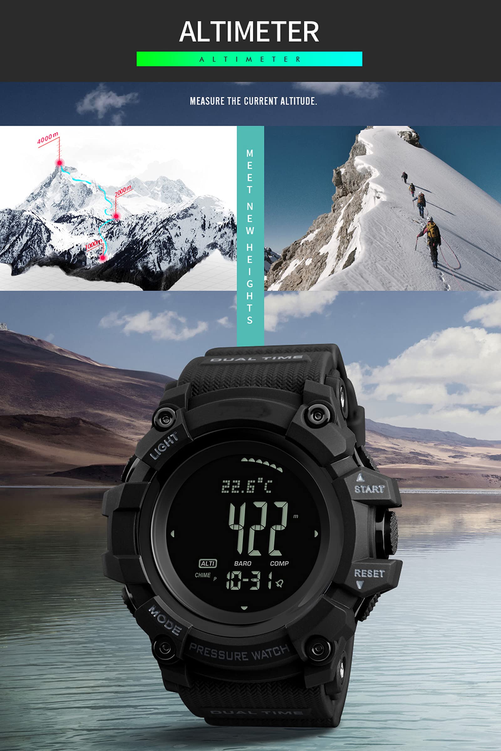 ABC,Orologio sportivo da uomo, con altimetro, barometro, bussola, contapassi, contatore calorie, cronografo, pressione contapassi, orologio digitale da uomo, Nero , All'aperto