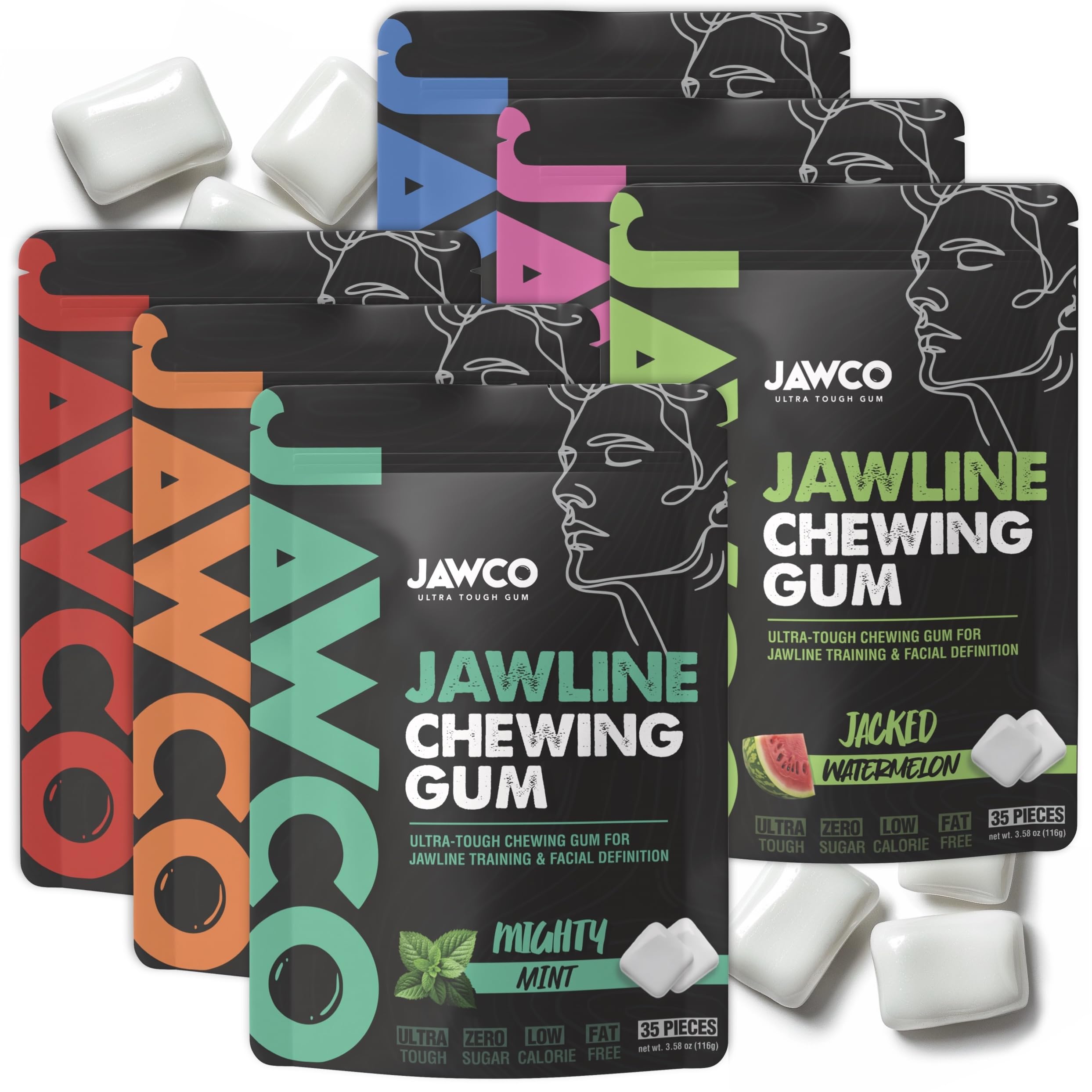 JAWCO Ultra-tough Jawline Chewing Gum Variety 6-Pack | Get a Stronger, Squarer Jawline | Jaw Training Hard Gum | Chisel, Sculpt, Tone your Jaw | 15X Hardness | Facial Fitness Mewing Gum (Variety 6-Pack)