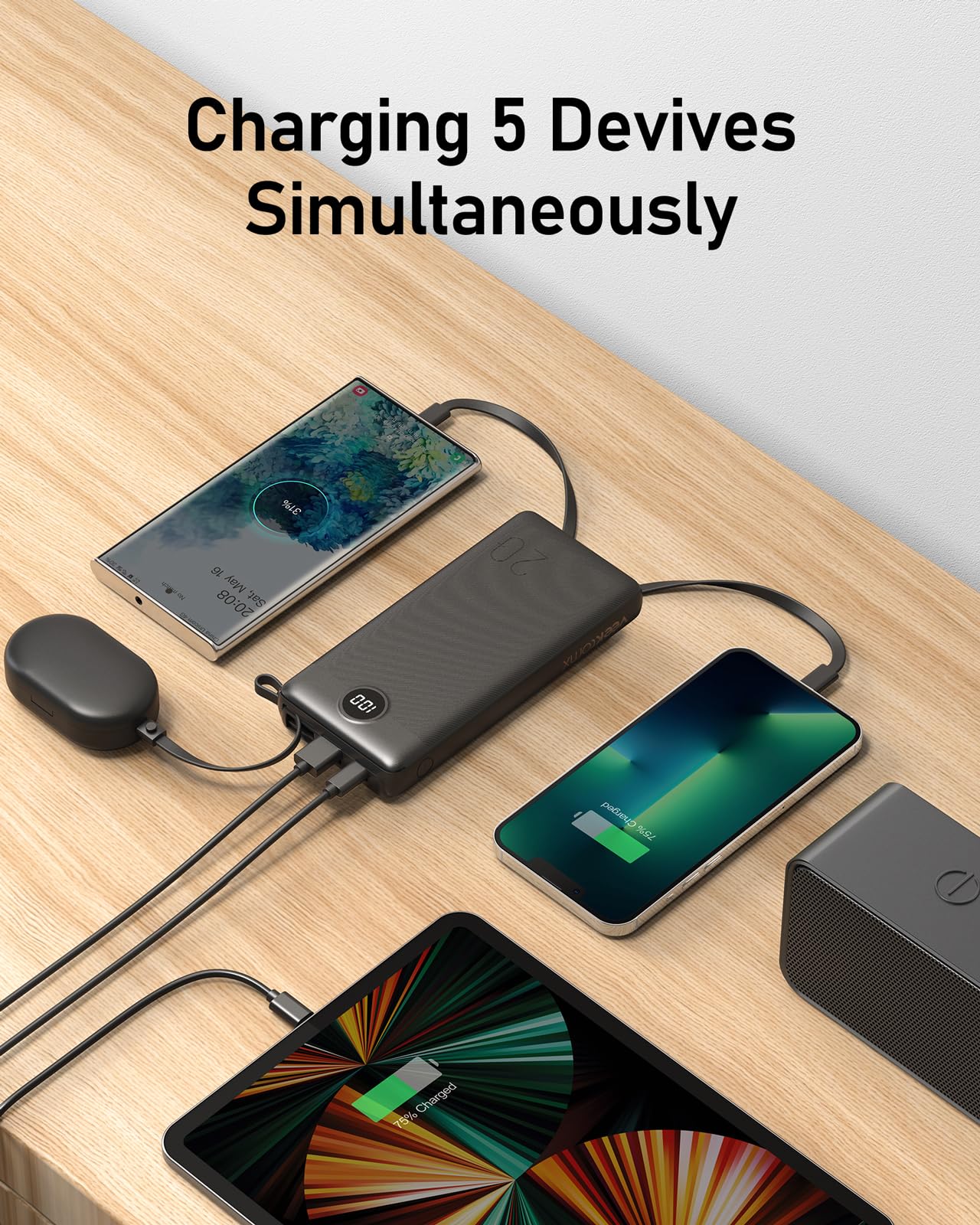 Power Bank 20000mAh Batteria Esterna con Cavi Integrati Caricatore Portatile Powerbank USB C con 5 Uscite e 2 Ingressi Compatibile con iPhone, iPad, Samsung, Huawei, Xiaomi (Nero)