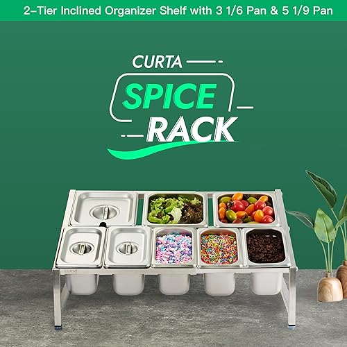 Vista 16 de CURTA Juego de estante de especias expandible de acero inoxidable 18/8, certificado NSF, estante organizador inclinado de 2 niveles con bandeja
