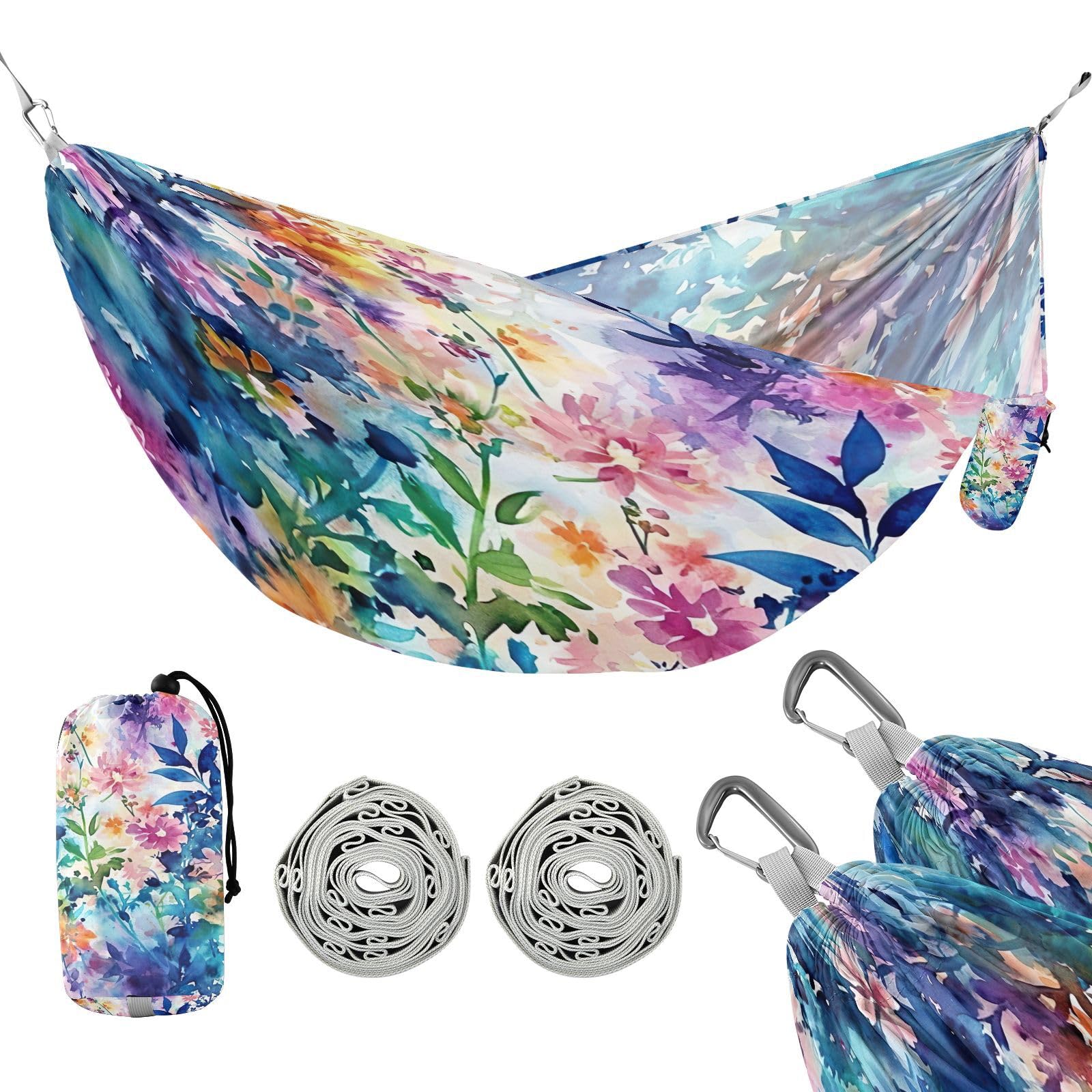 ATTX Watercolor Flower Pattern Camping Hammock - Lightweight & Portable Hammocks, Heavy Duty 330lbs Capacity for Indoor, Hiking, Backpacking, Travel, Backyard, Beach#408