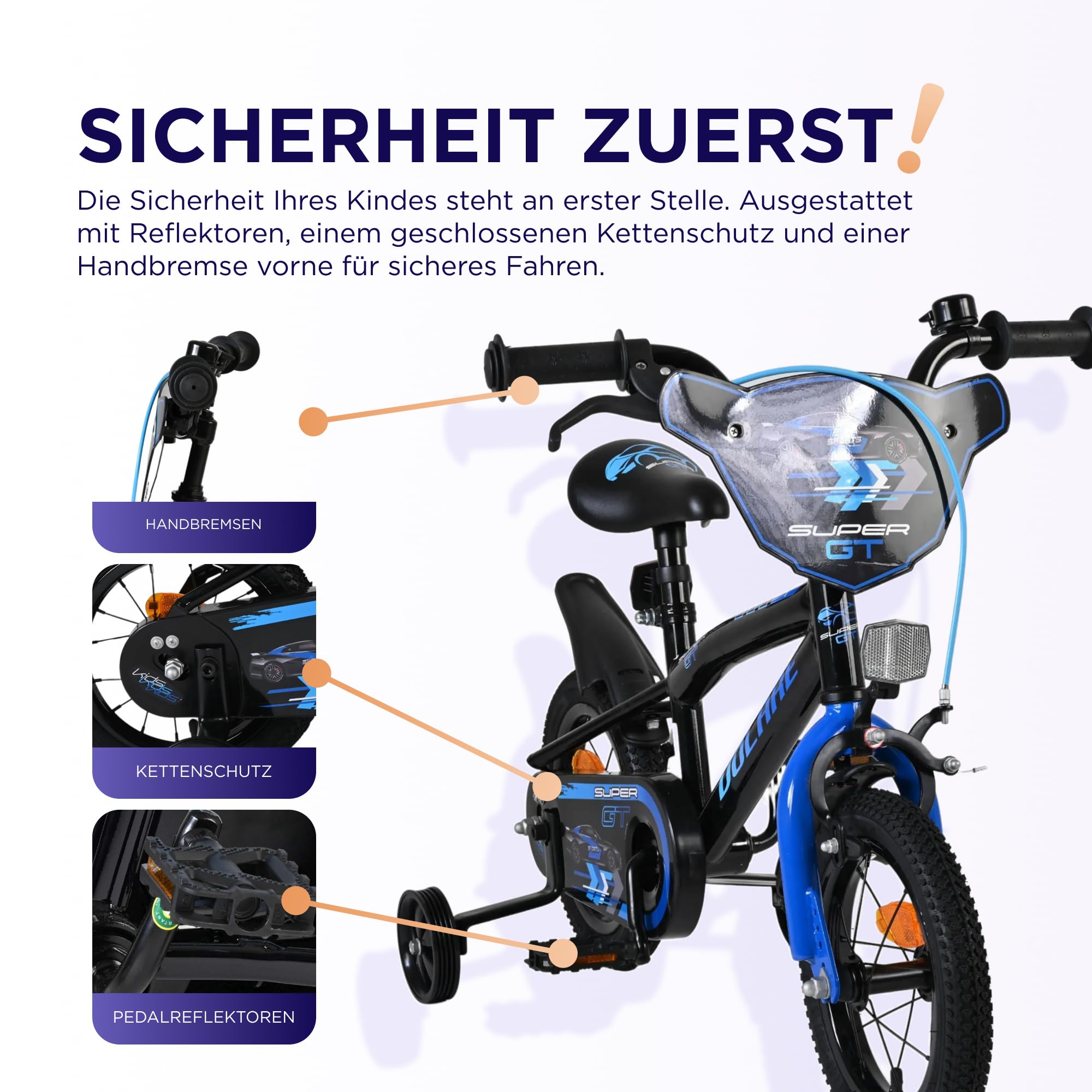 Volare Super GT Kinderfahrrad blau 14 Zoll | 3,5–5 Jahre | 2 Handbremsen, Stützräder, Kettenschutz, Reflektoren | Verstellbarer Sattel | Geschenk für Jungen & Mädchen