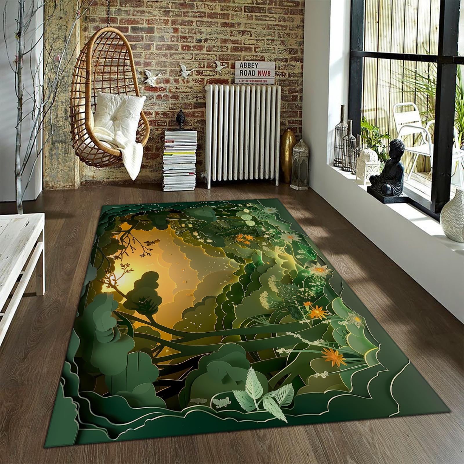 Amazon | 3Dペーパーカッティングアートラグ 180x300cm - 緑の森の風景