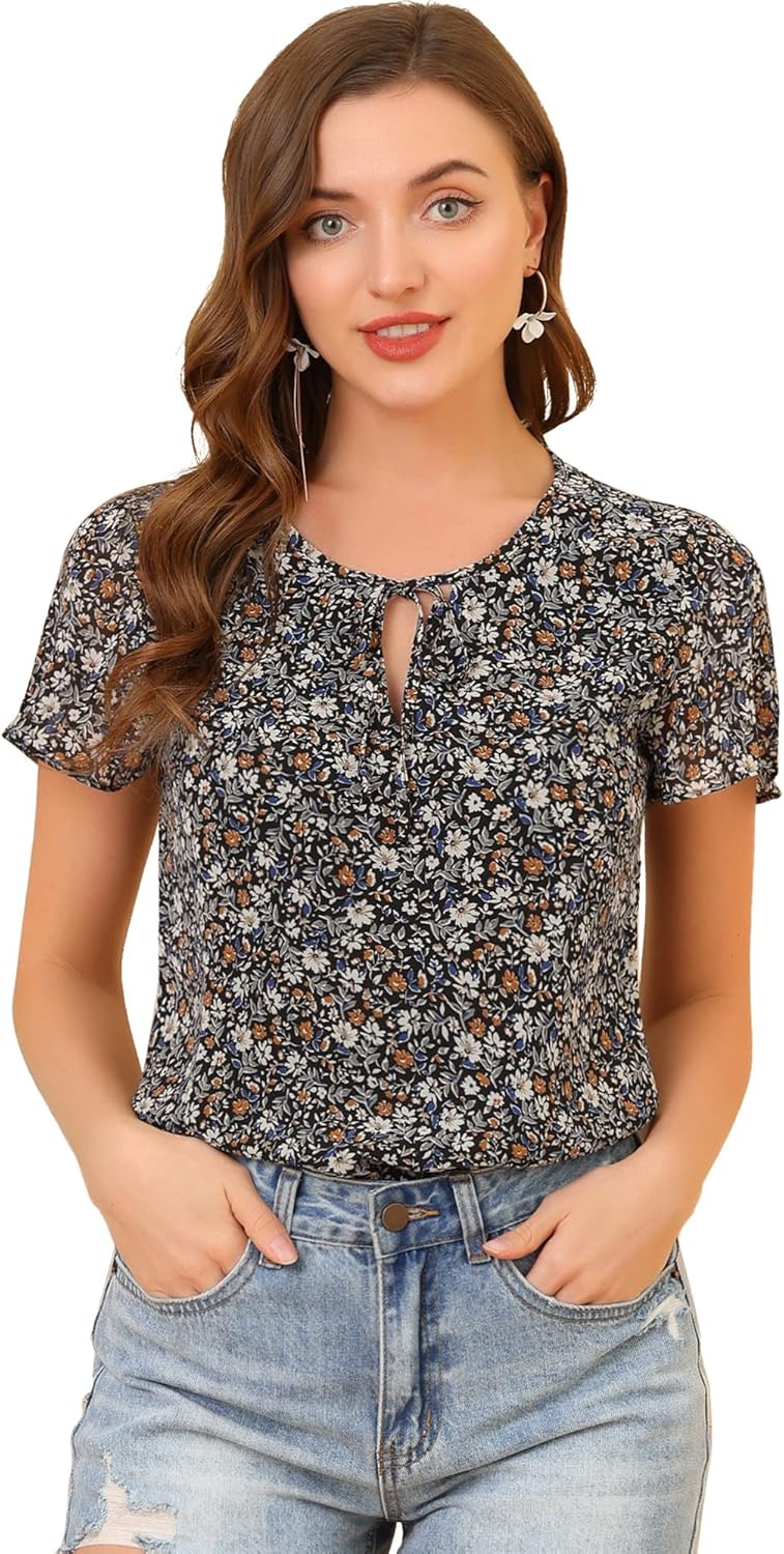Allegra K Floral Tops for Women's Short Sleeve Ruffled Tie Neck Blouse