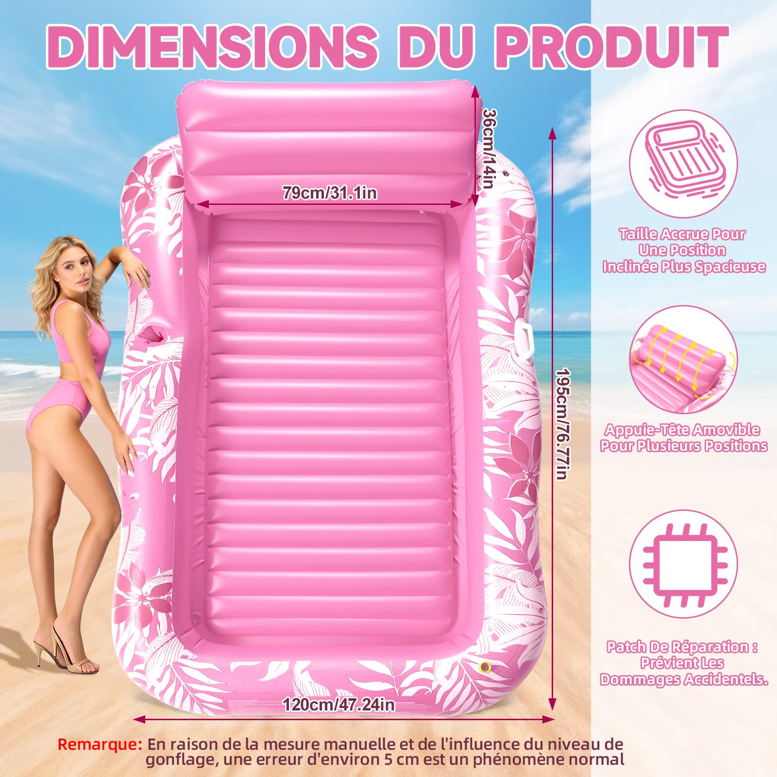Matelas Gonflable Piscine avec Arroseur, Hamac Gonflable Piscine avec Coussins Et Porte-Gobelets, Imprimé Matelas De Bronzage 210 * 130 cm pour Piscine, Jardin, Pelouse Et Plage