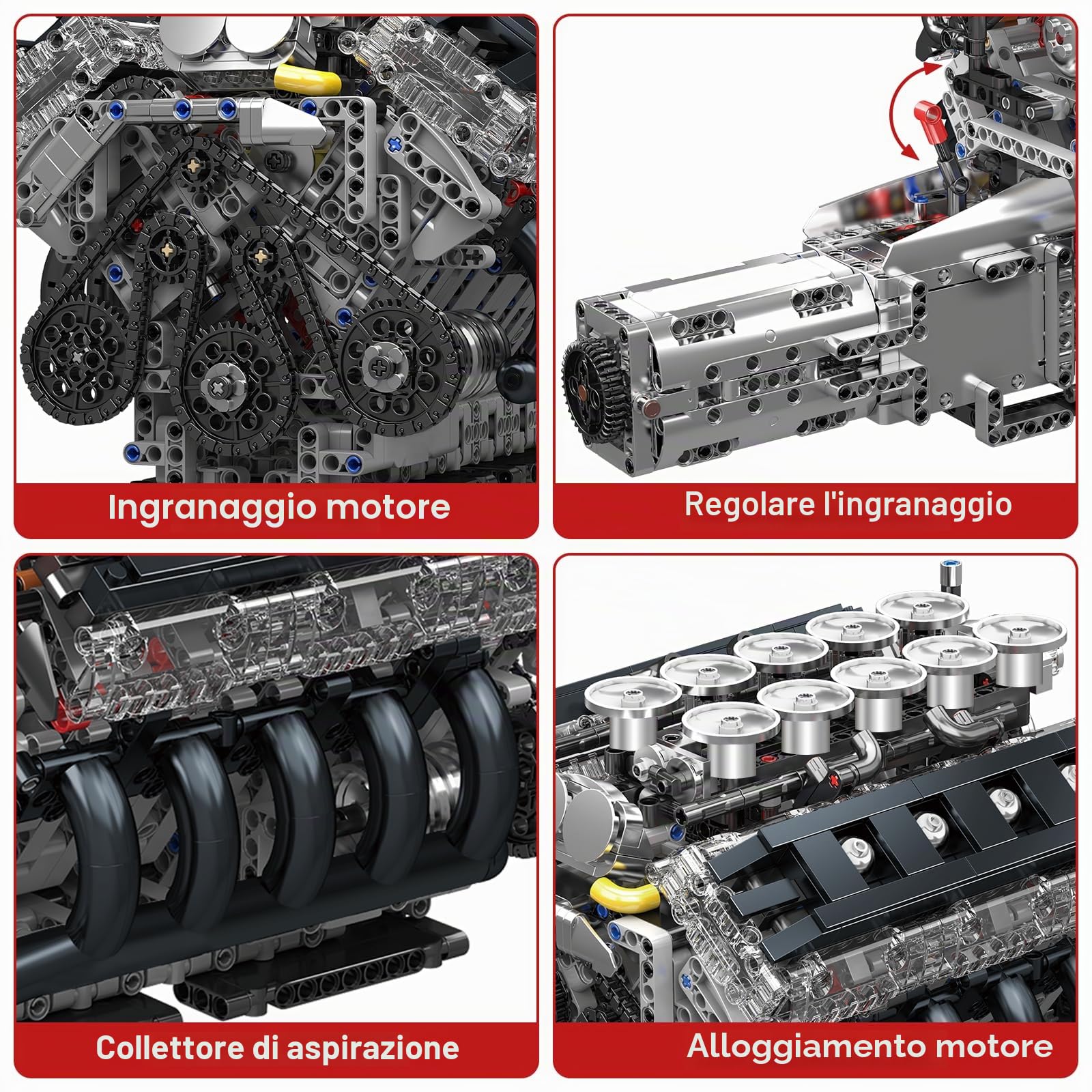Mould King 10250 Technik V10 - Kit motore a benzina, mattoncini da costruzione LFA, motore con quattro marce, regali per adulti (1834 pezzi)