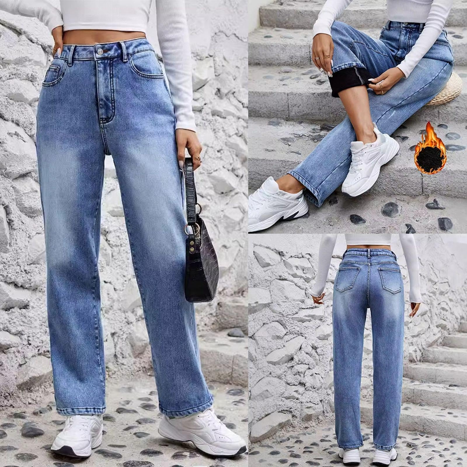 Pantalones vaqueros forrados para mujer, térmicos, de invierno, con forro polar, ajustados, de cintura alta, elásticos, para invierno, de cintura alta, térmicos, para mujer, cálidos, largos