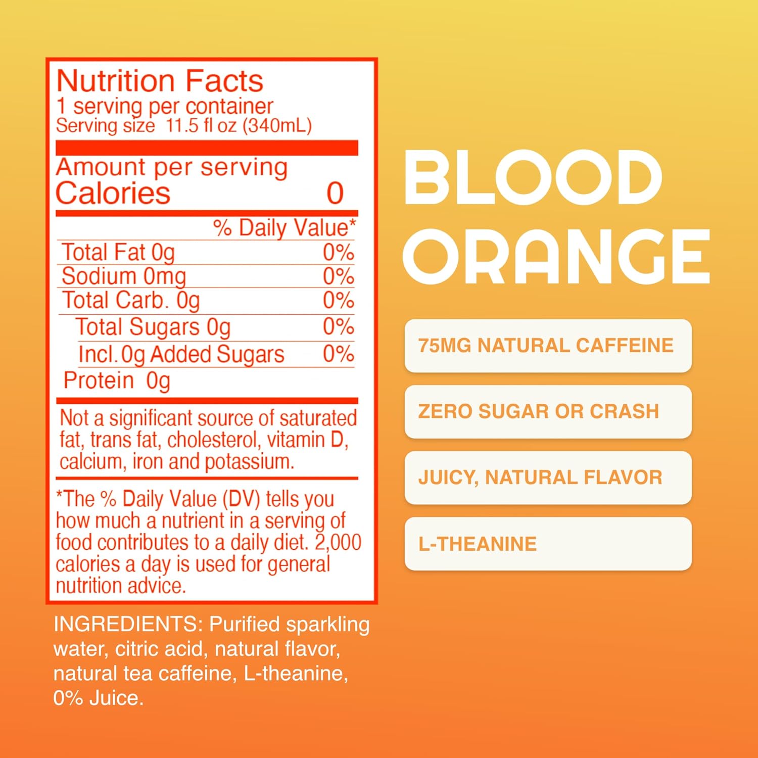 PHOCUS Caffeinated Sparkling Water, Blood Orange, 75mg Natural Caffeine Plus L-Theanine, Zero Sugar, Zero Calories, No Artificial Sweeteners, 11.5 fl oz Cans (Pack of 12)
