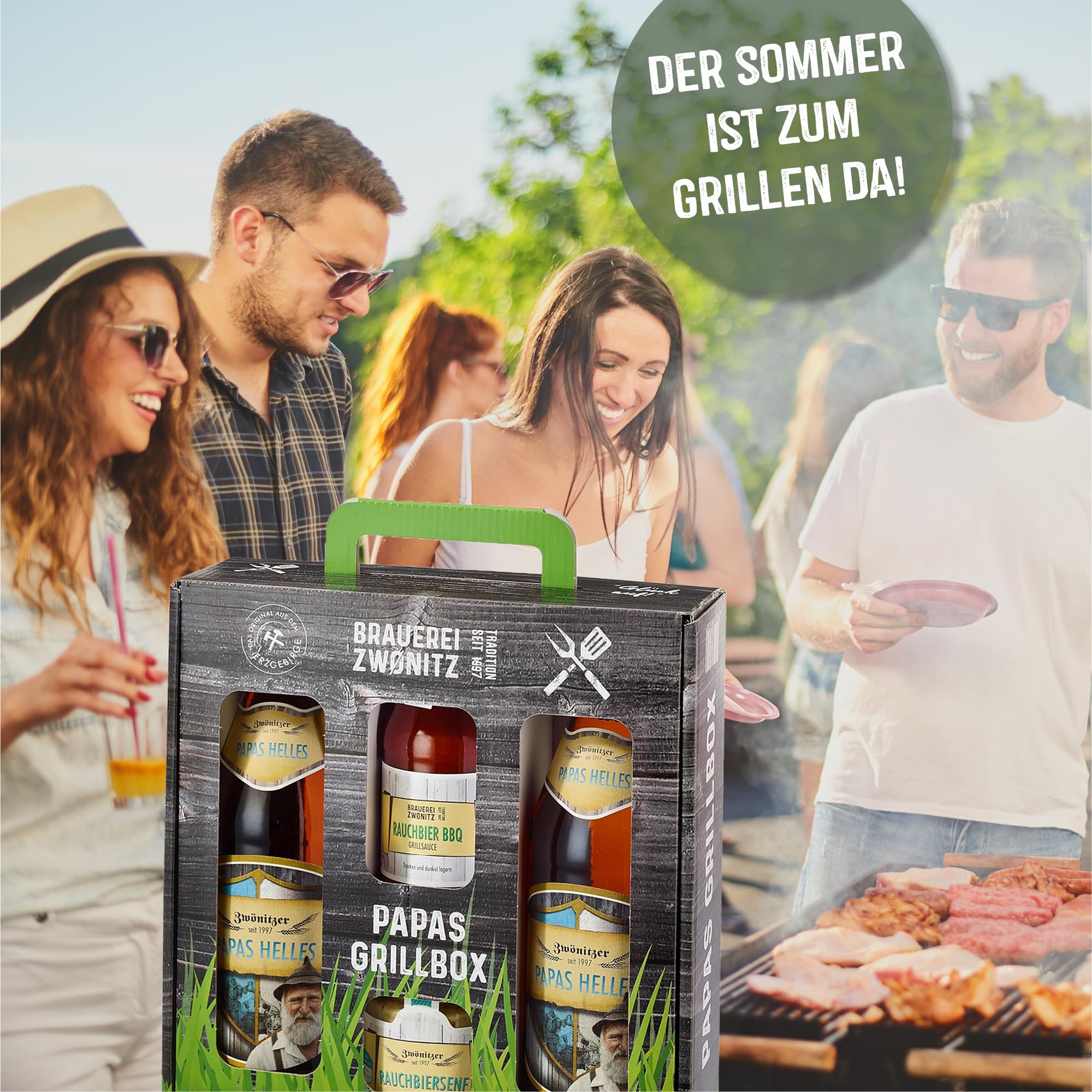 Brauerei Zwönitz – Papas Grillbox – Grill Set mit Bier, Senf & BBQ Sauce - BBQ Geschenkset - Grill Geschenke für Männer - BBQ Zubehör - Geschenke für Grillfans