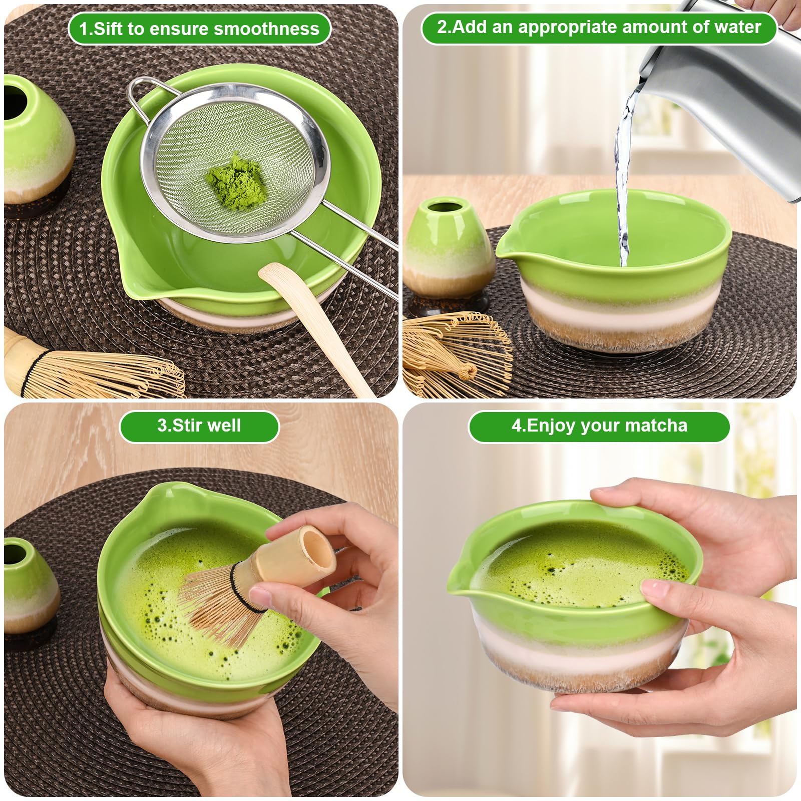 5 Stück Matcha Set Matcha Besen set Macha tea set Matcha Set Grün mit Besen, Sieb,Schale und Löffel für Zuhause & Büro Grün