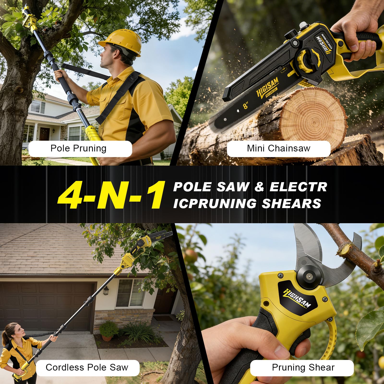 Sierra de Cadena Mini 8 Pulgadas Inalámbrica 4 en 1 Motor Sin Escobillas Vástago Telescópico 4,2m 2×4,0Ah Baterías
