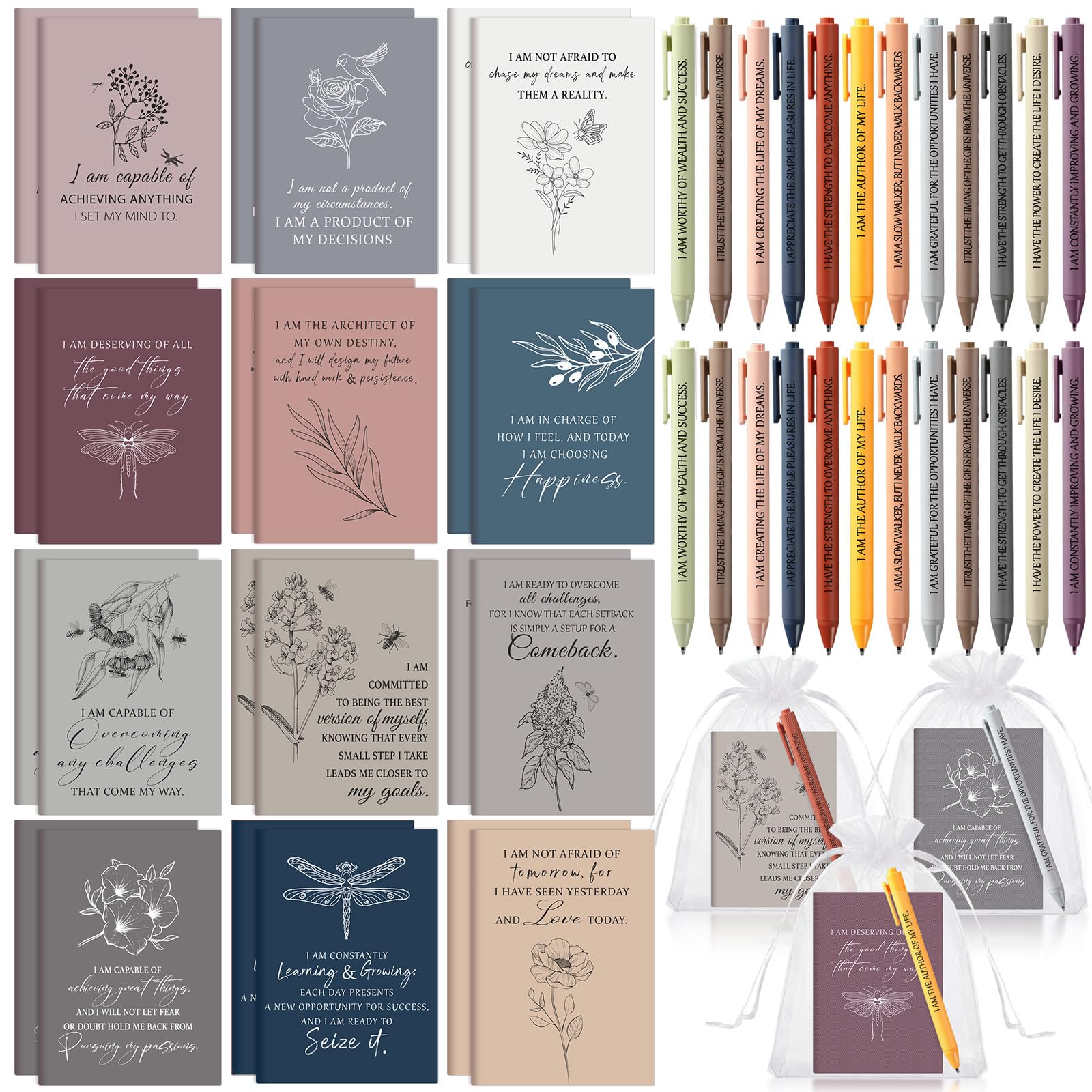 Mooliwe 24 Set/48 Pcs Positive Affirmation Gift Set Gratitude Notebooks with Pens Small Bags Motivational Encouragement Notepad Daily Affirmation Journal for Women Stress Relief Self Care (Minimalist)